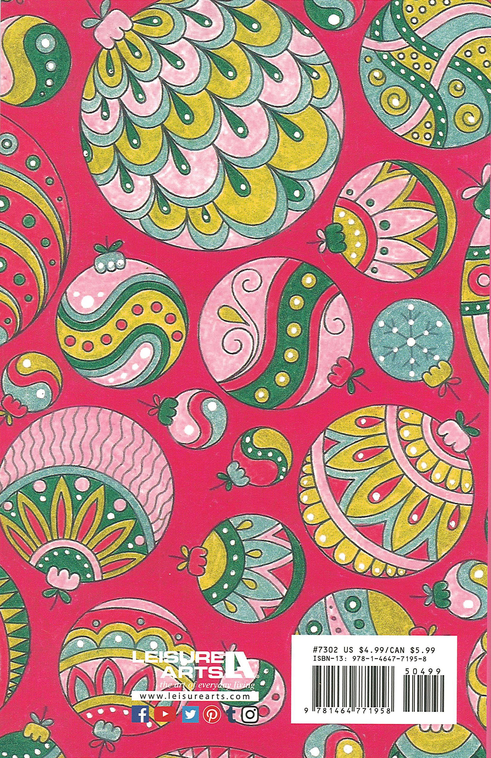 A cheerful pattern of green, gold, and pink Christmas ornaments decorates the Merry & Bright Coloring Book by Leisure Arts—perfect for festive coloring on the go!.
