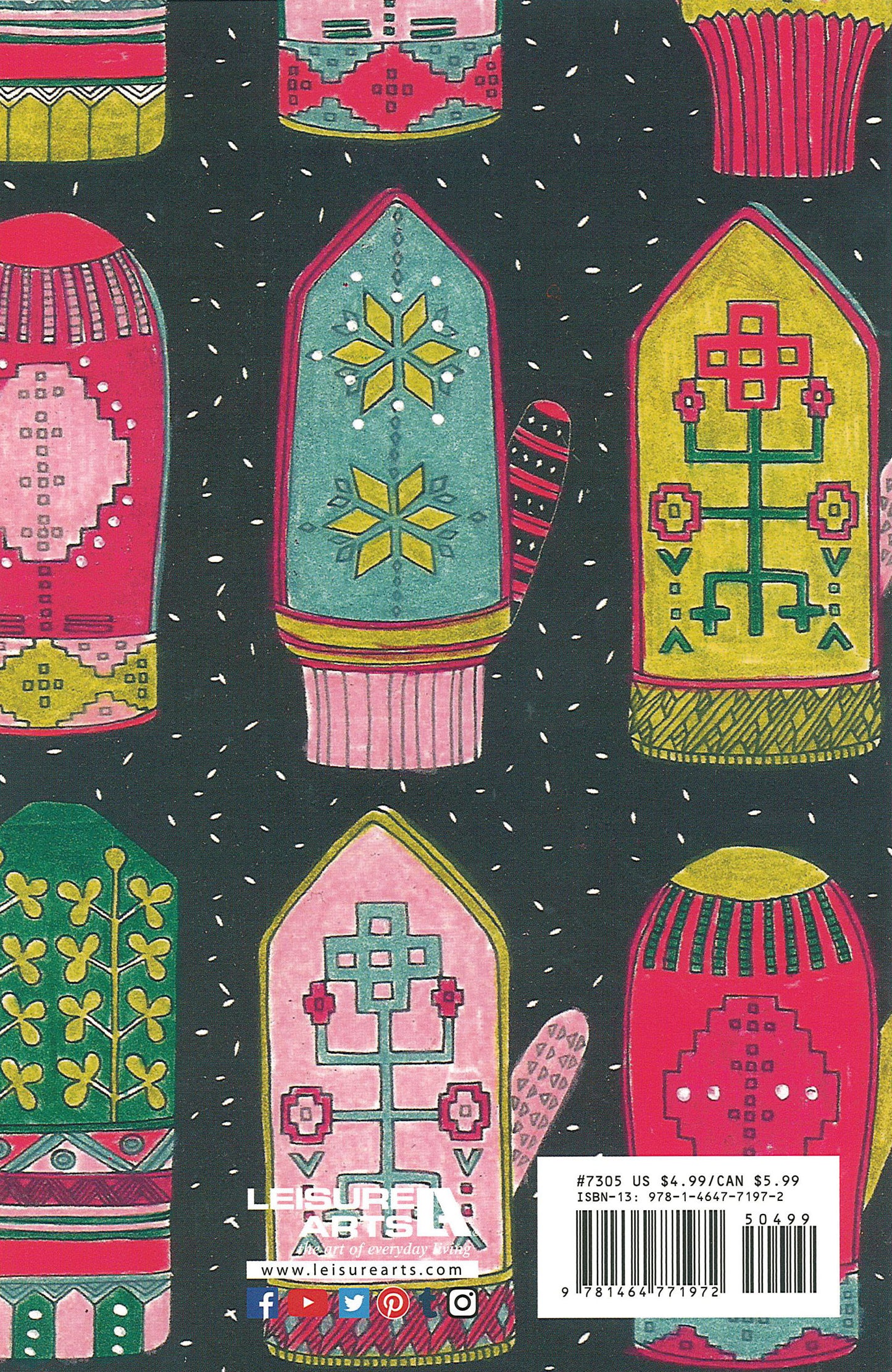 Colorful, patterned mittens from the Leisure Arts "Baby It's Cold Outside Coloring Book" are arranged on a black background with white dots. Each mitten showcases unique geometric or floral designs, perfect for Color on the Go fun.