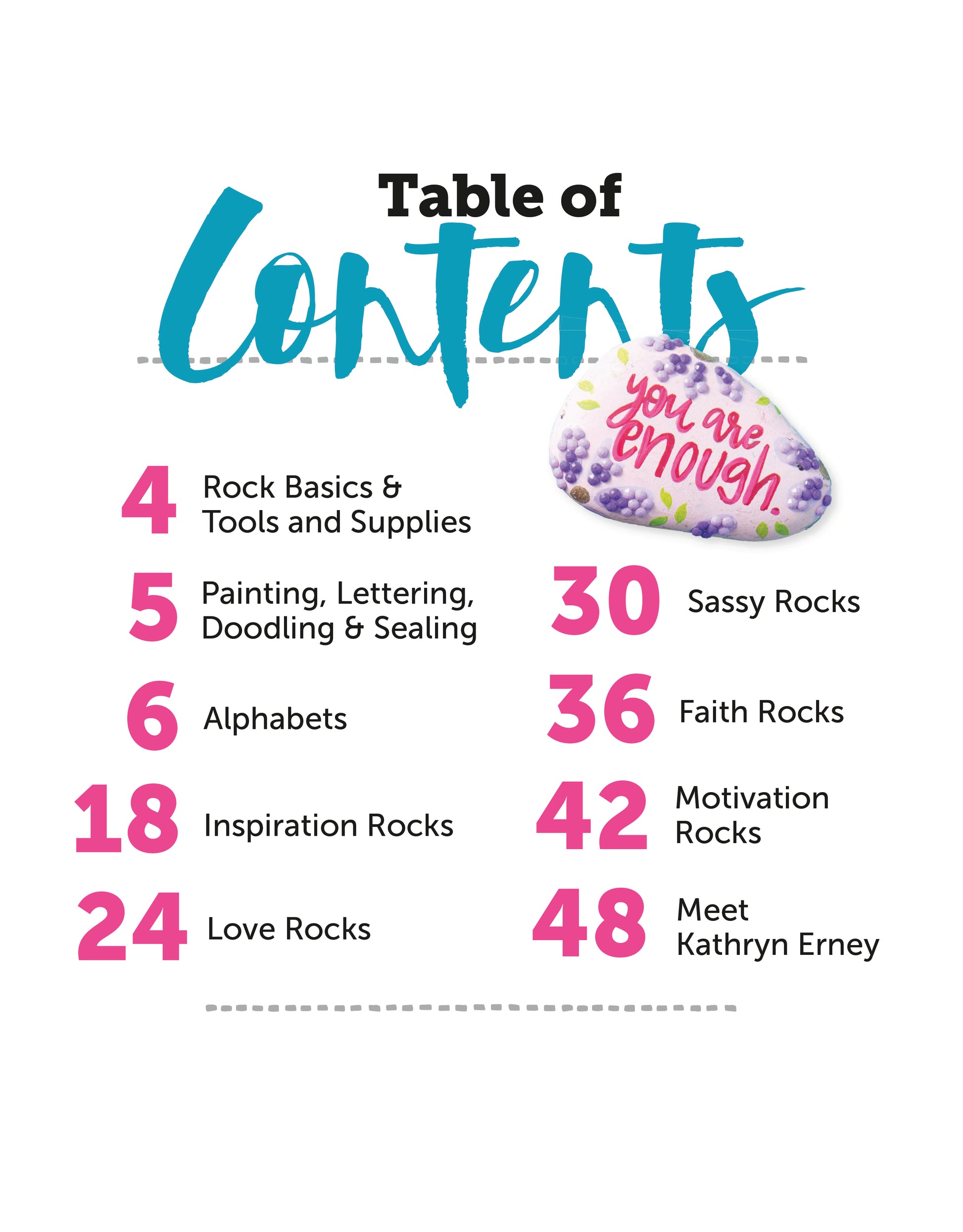 Discover the Table of Contents for "Rockin' Dots—Creative Ideas for Painting, Hand Lettering, and Dotting" by Leisure Arts. Includes chapters on rock basics, painting techniques, lettering styles, and more—perfect inspiration for painted rock fans!.