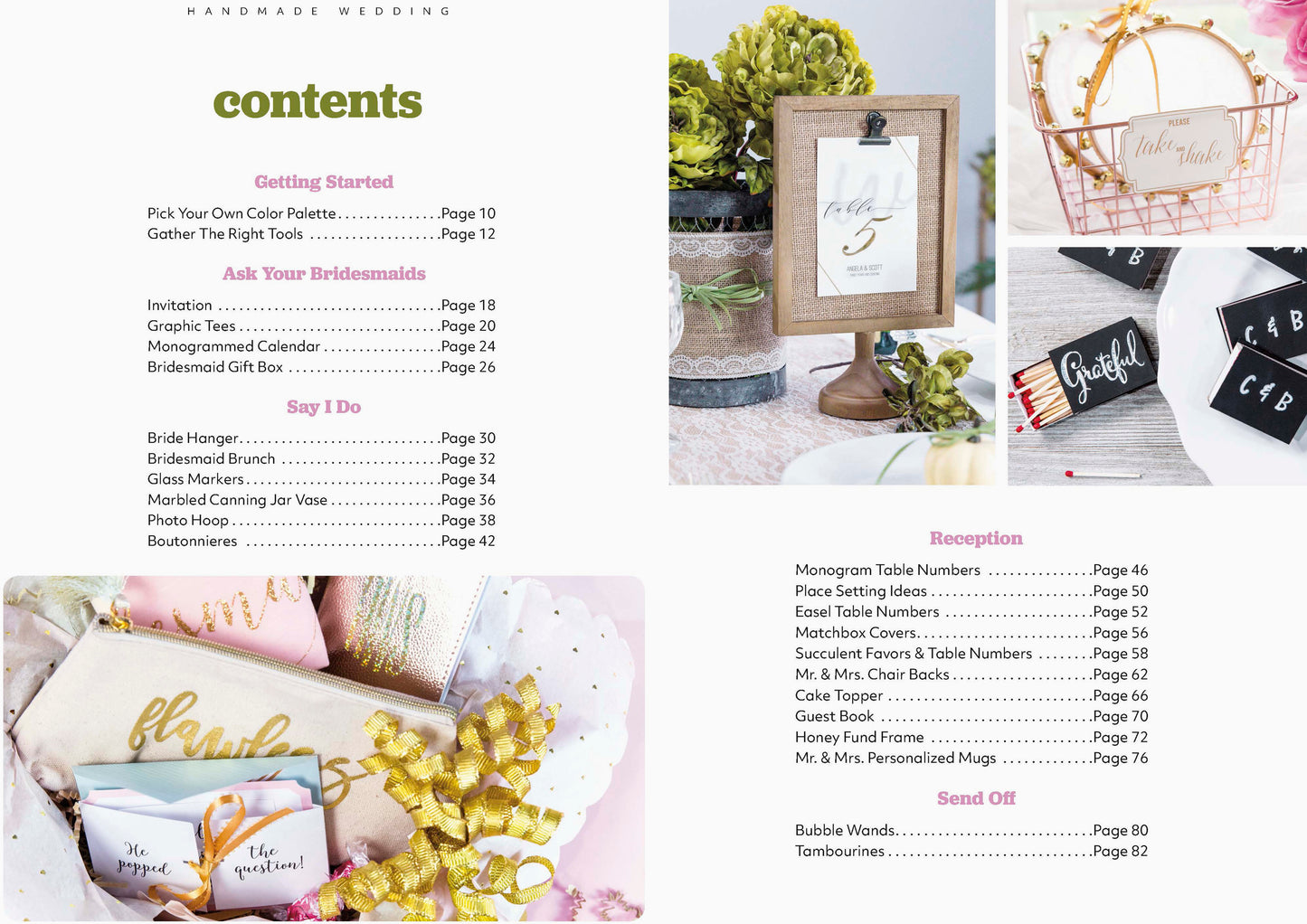 Table of contents from "Handmade Wedding" by Leisure Arts, with section titles and page numbers plus images of blush gift pouches, jewelry, table numbers, and thank you cards for wedding craft inspiration.