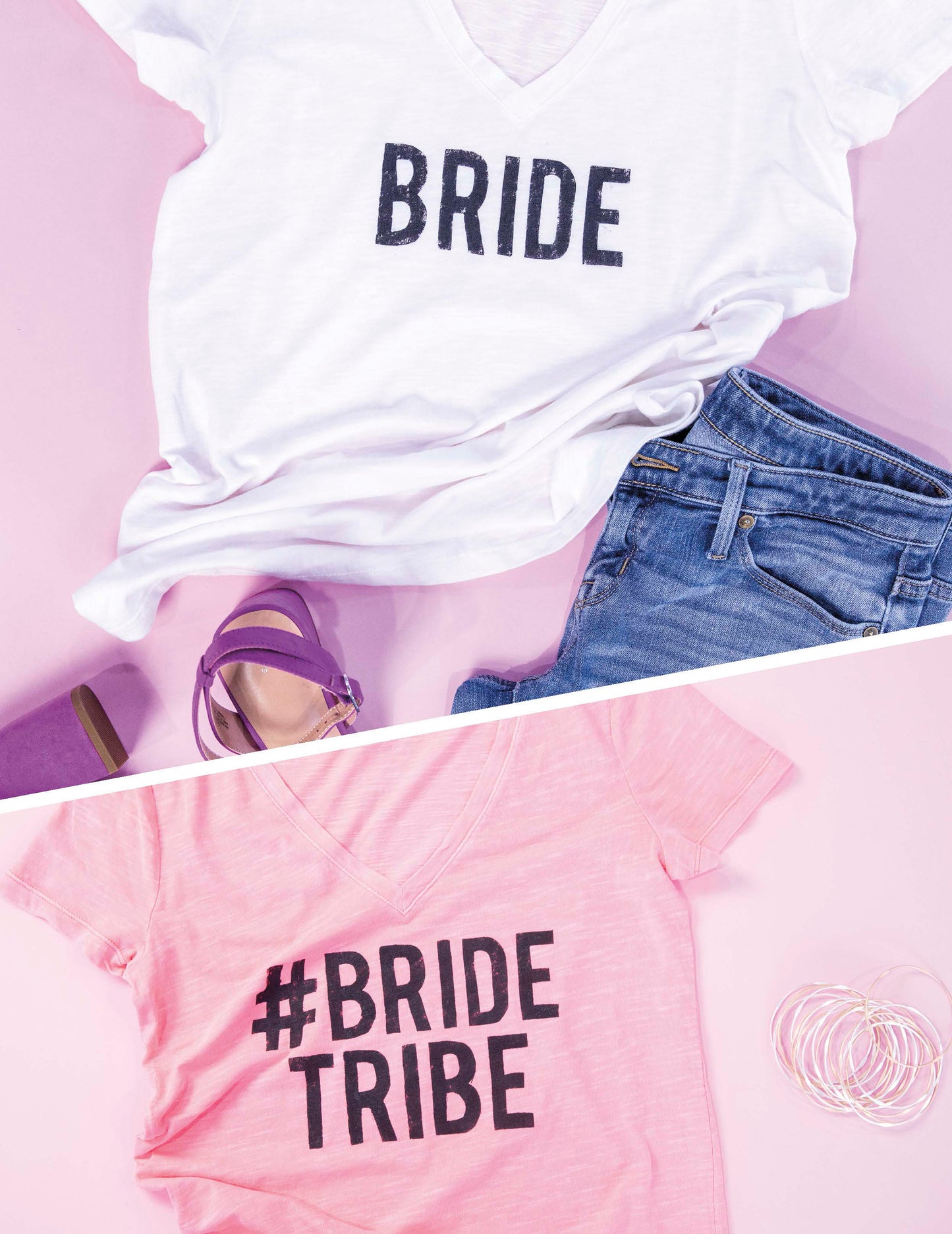 A white T-shirt with BRIDE and a pink #BRIDE TRIBE tee from Leisure Arts’ Handmade Wedding are styled with denim shorts, purple heels, and bangles—perfect inspiration for your wedding day crafts or projects.
