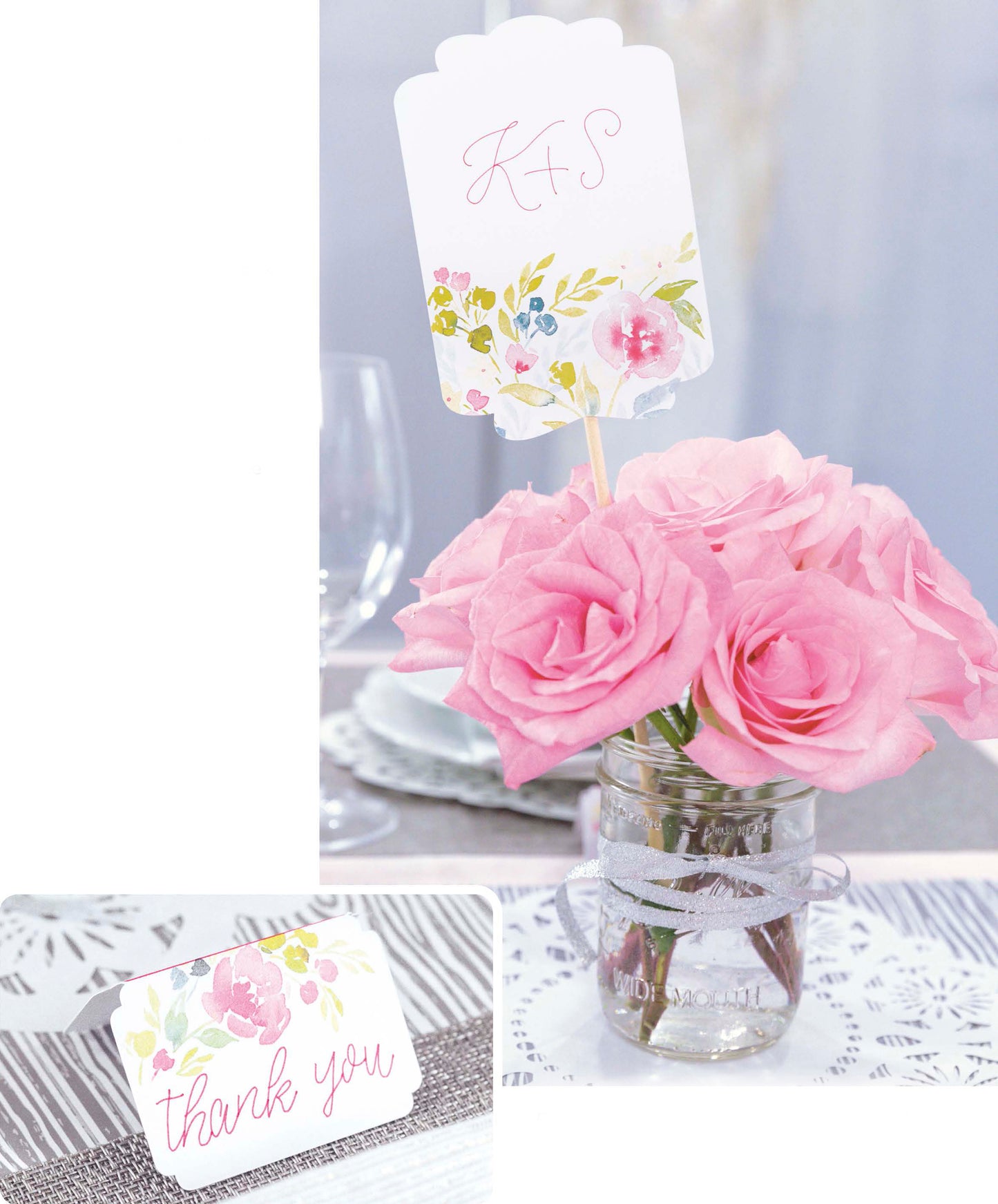 The Handmade Wedding by Leisure Arts features a mason jar with pink roses and a floral card reading K+S, surrounded by personalized decorations. A matching thank you card completes this elegant event or celebration setting.