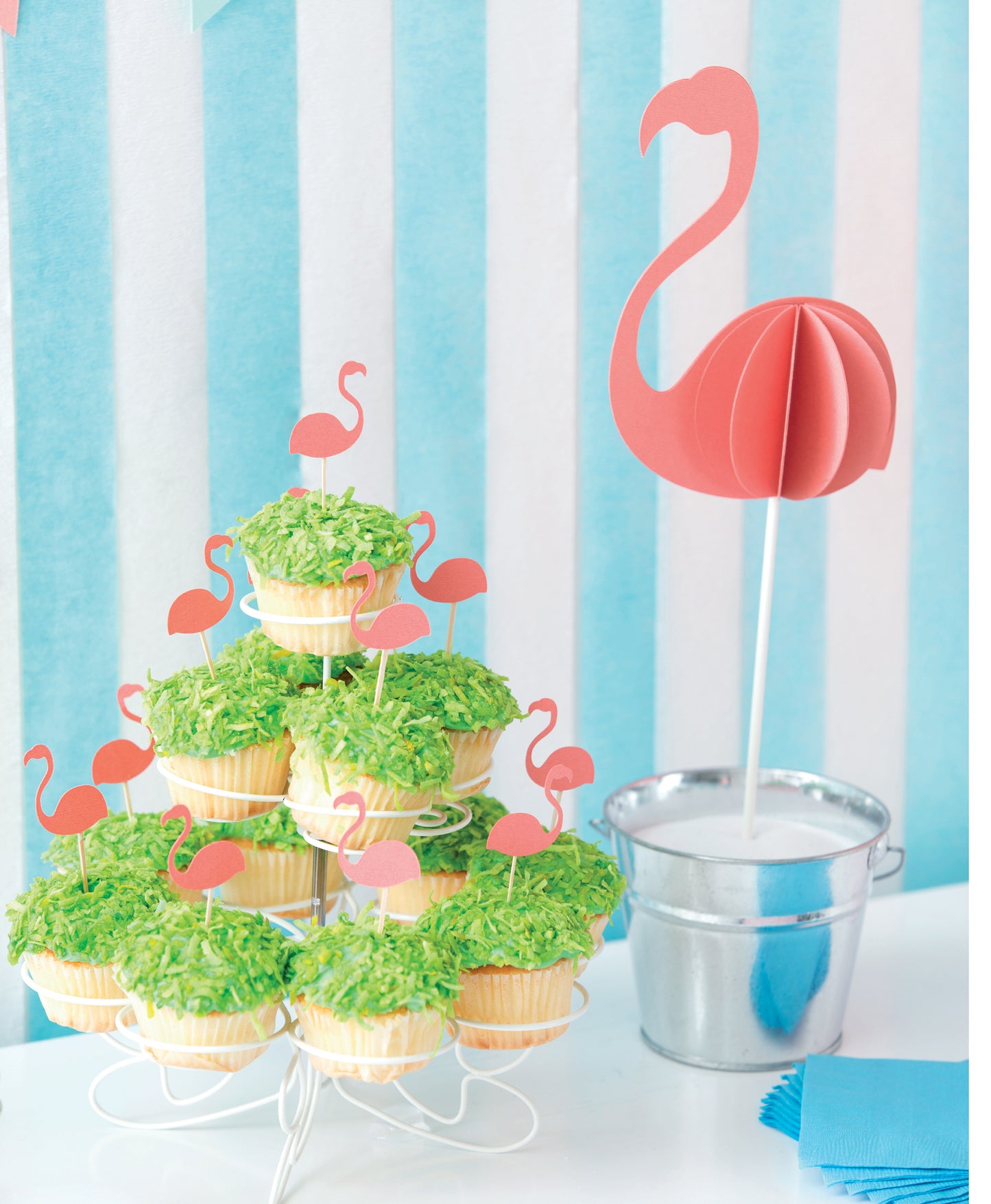 Cupcakes with green frosting and pink flamingo toppers sit beside a flamingo centerpiece, styled for a llama party, as shown in "Paper Party—Easy-to-Make Projects for Parties" by Leisure Arts against a blue and white striped backdrop.