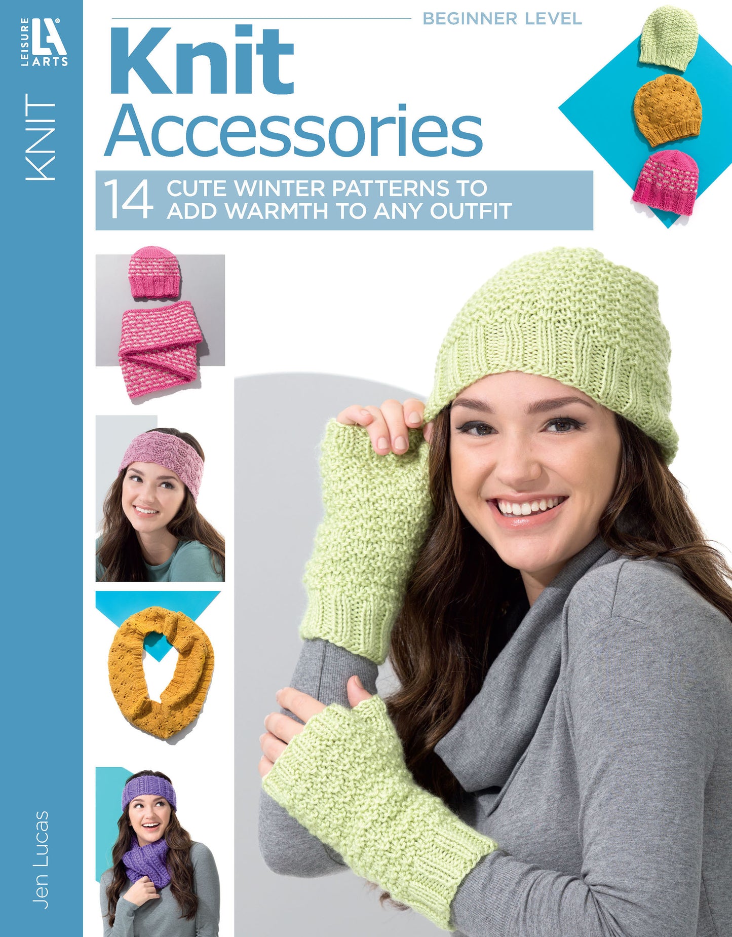 Cover of "Knit Accessories" by Leisure Arts featuring a smiling woman in a light green knit hat and fingerless gloves, with colorful winter patterns and other knit accessories displayed along the left side.