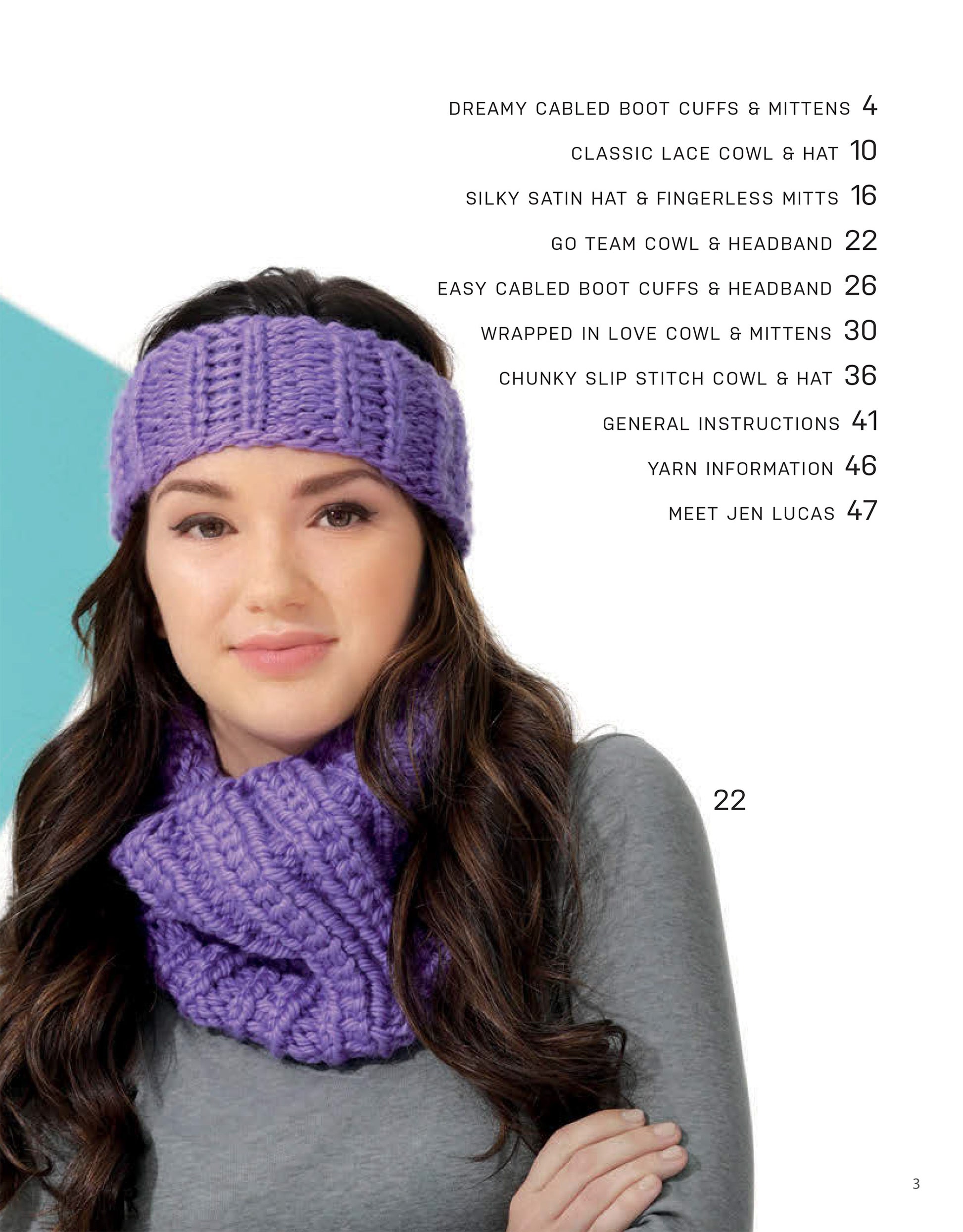 A woman with long dark hair models chunky purple Knit Accessories by Leisure Arts, including a headband and matching cowl—cozy winter essentials. She stands before a white background with a pattern book’s table of contents beside her.
