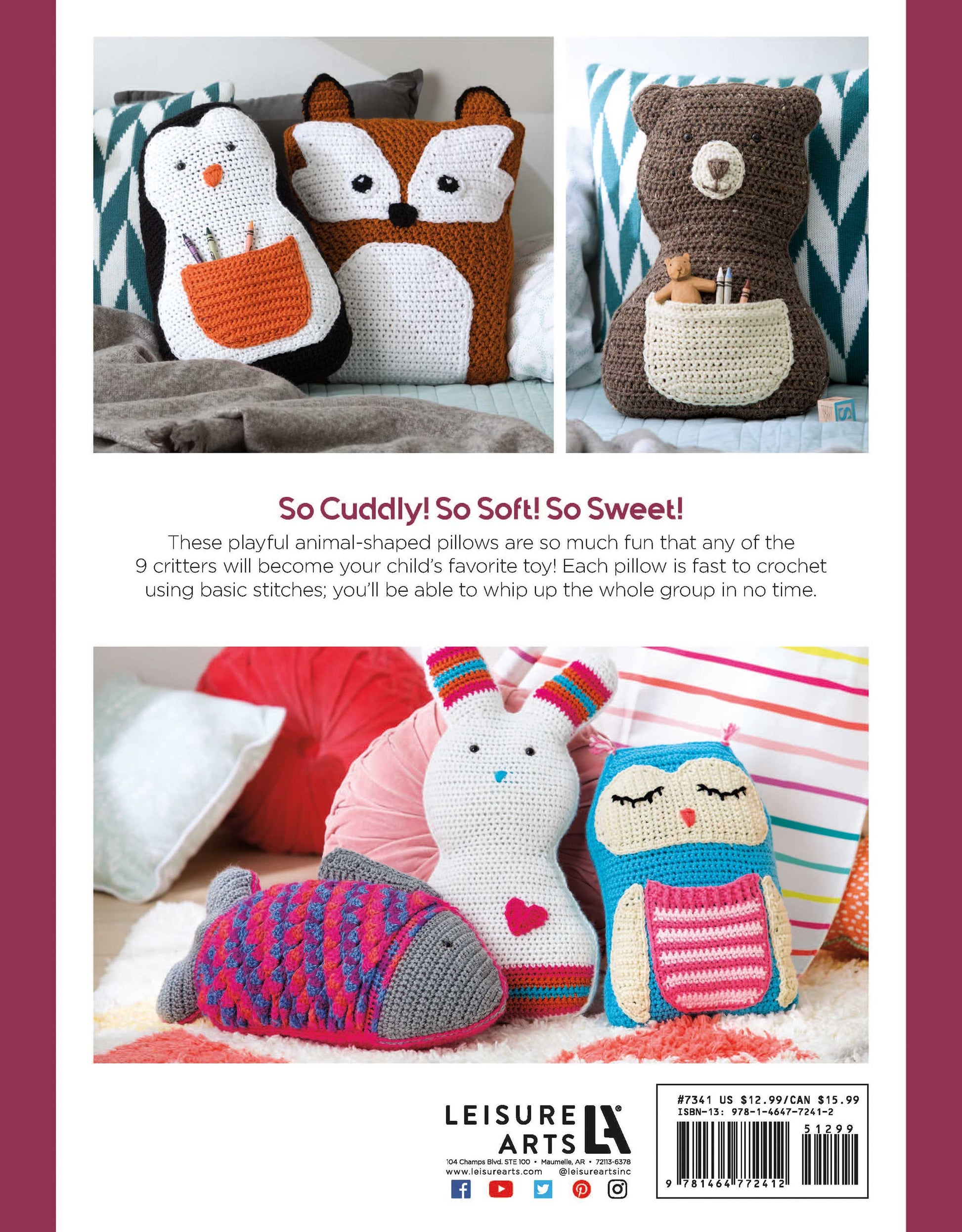 Leisure Arts’ Fun Animal Pillows—9 Huggable Friends to Stitch for Little Ones—features crochet designs like a penguin, fox, bear, fish, bunny, and owl. Shown on a couch and white surface with branding and text on the page.