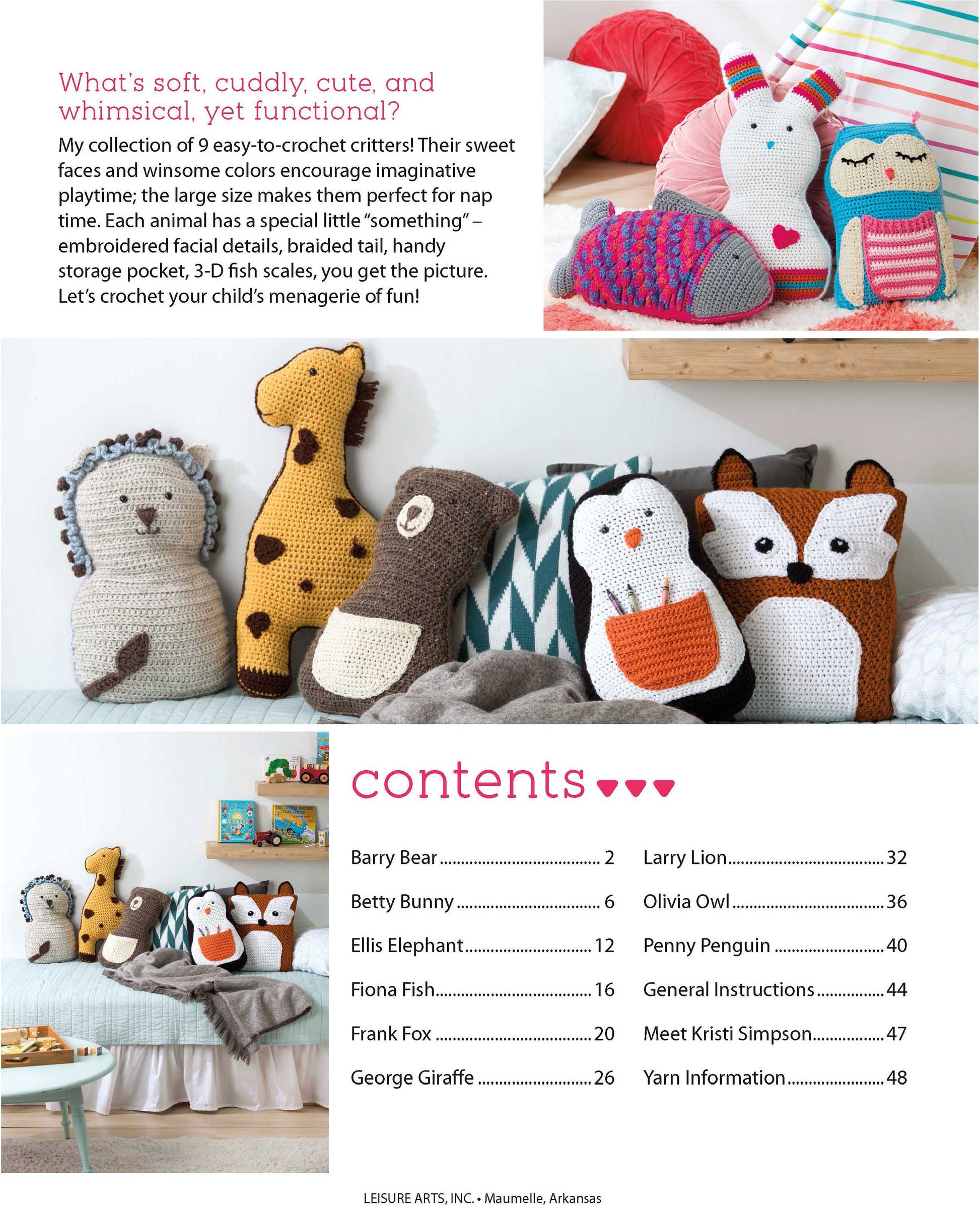 Leisure Arts’ Fun Animal Pillows—9 Huggable Friends to Stitch for Little Ones are displayed on a couch and bench with a colorful yarn ball blanket, adding playful charm and coziness to any space.