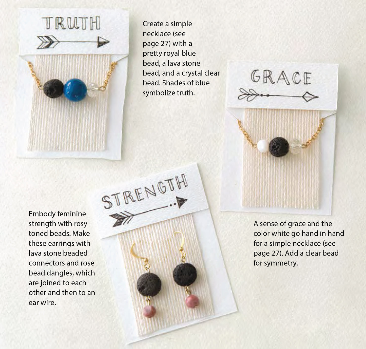 Three Leisure Arts Aromatherapy Jewelry pieces feature lava bead designs on cards labeled TRUTH, STRENGTH, and GRACE, each highlighting unique techniques and explaining the symbolism and components of the beaded jewelry.