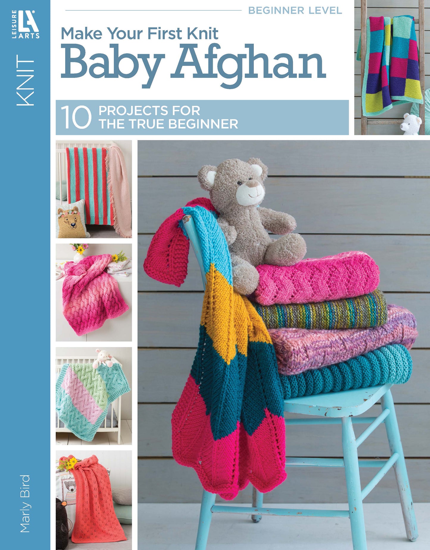 Leisure Arts' Make Your First Knit Baby Afghan book features colorful knit blankets, a teddy bear, and yarn balls on the cover. Includes 10 easy knitting patterns for beginners to create beautiful baby afghans.