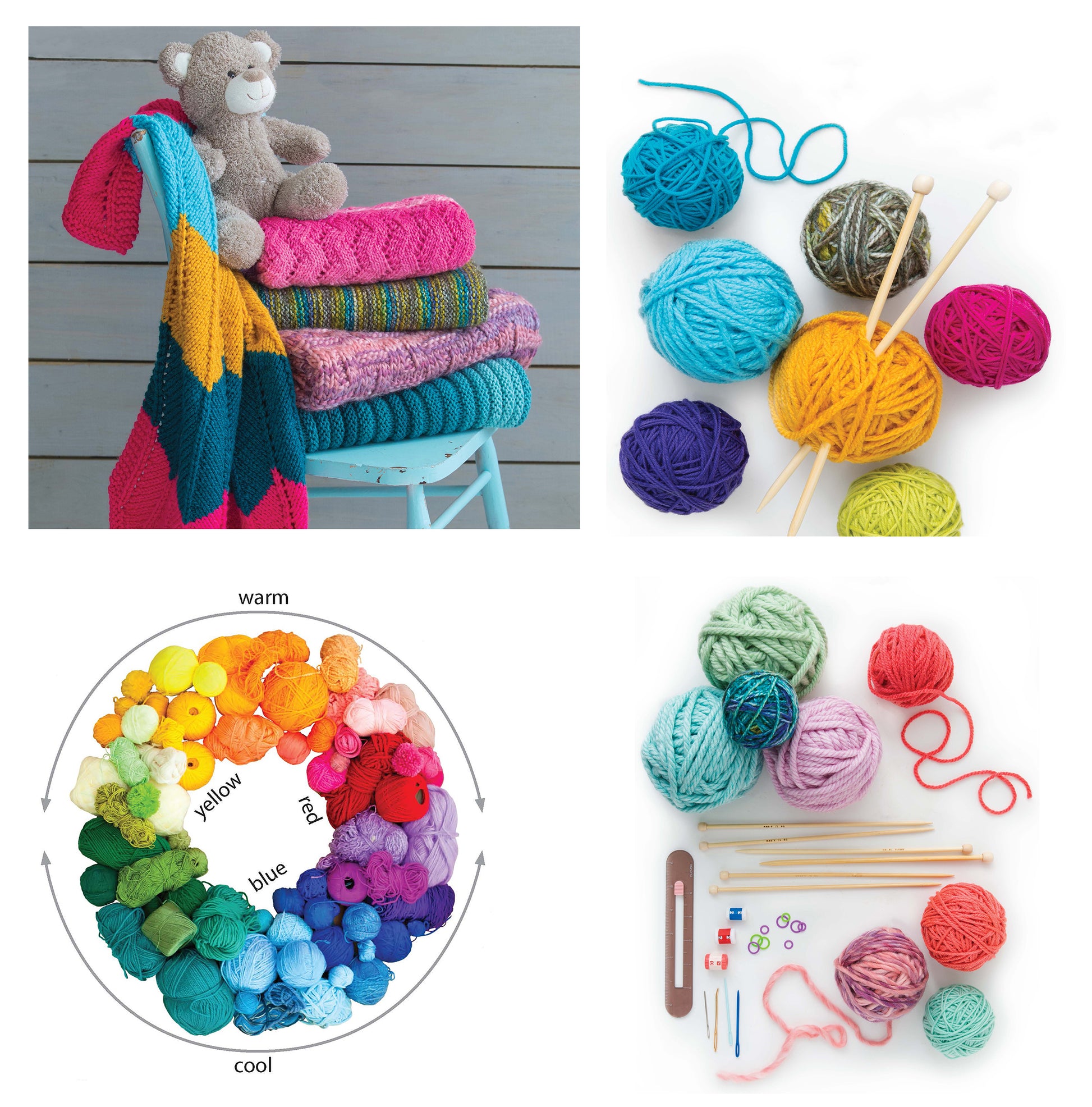 A collage for Leisure Arts' Make Your First Knit Baby Afghan: a teddy bear on colorful afghans, yarn balls with needles, a labeled color wheel of yarns, and assorted knitting patterns, tools, and needles in various colors.