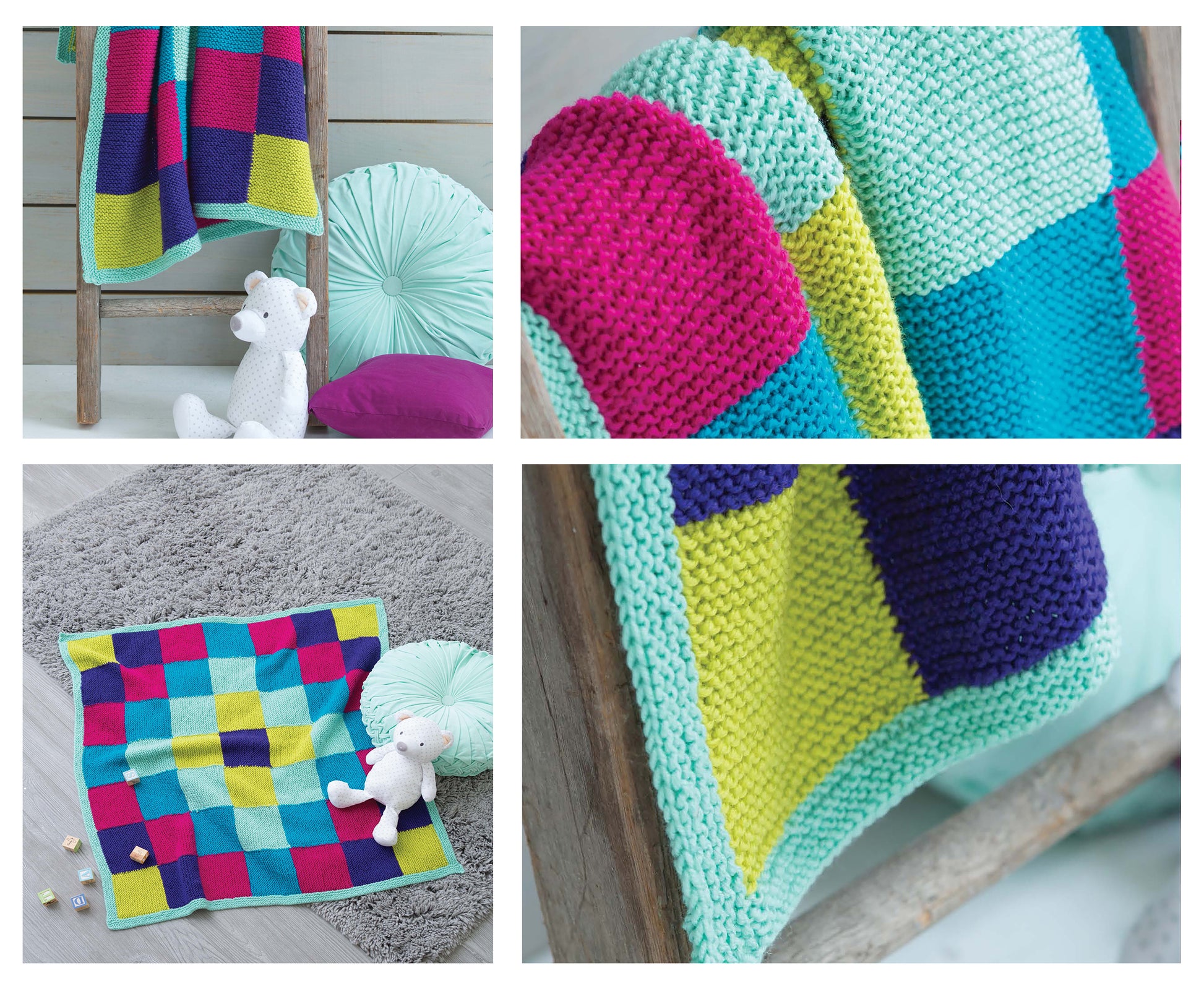Four images show the Leisure Arts Make Your First Knit Baby Afghan—a colorful patchwork blanket for beginner knitters in blue, teal, purple, yellow, and pink—displayed on a ladder and on a rug with plush animal toys and cushions.