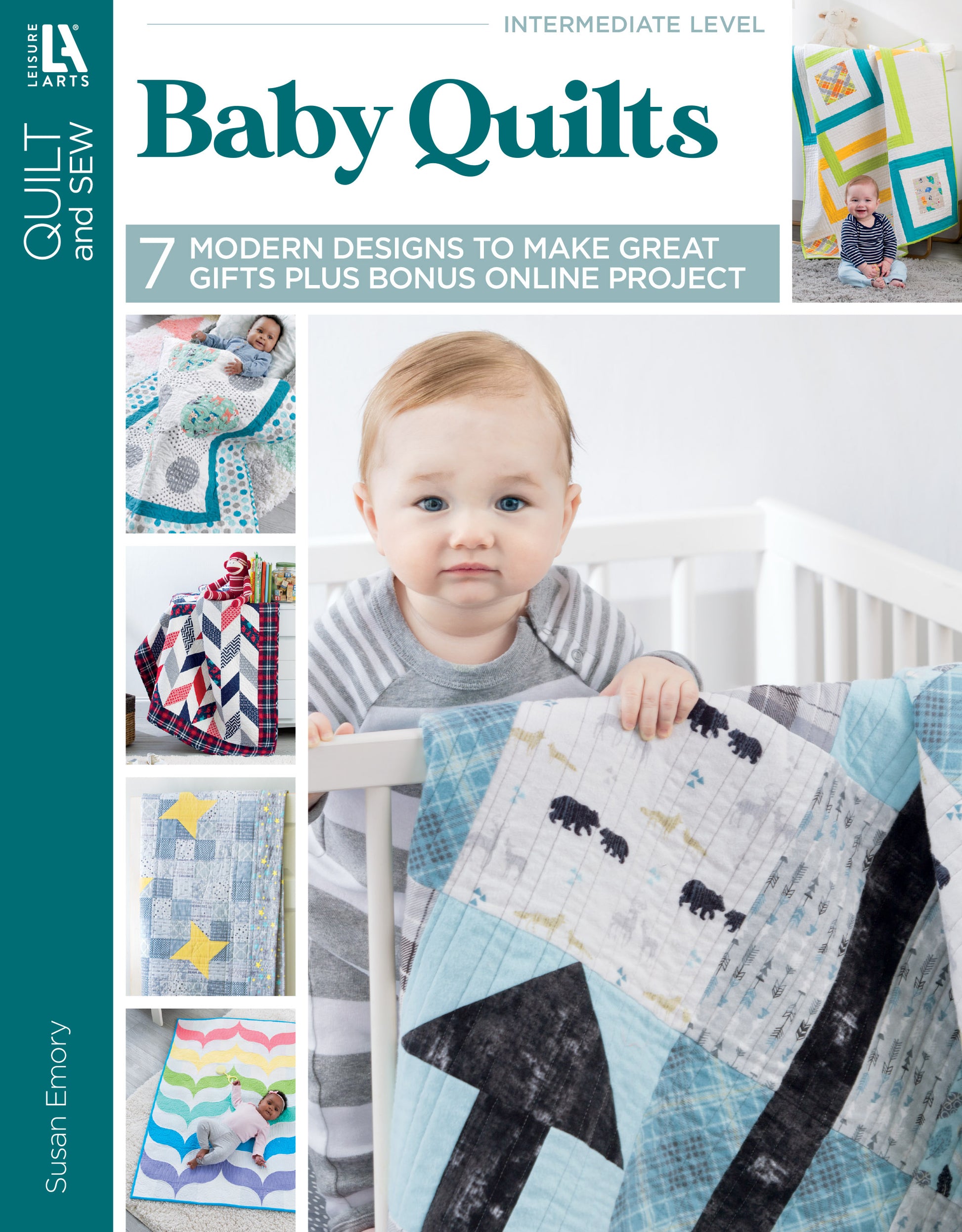 The cover of Leisure Arts' "Baby Quilts—7 Modern Designs to Make Great Gifts Plus Bonus Online Projects" shows a baby with a vibrant quilt, highlighting 7 modern patterns, bonus projects, and extra quilt art in the background.