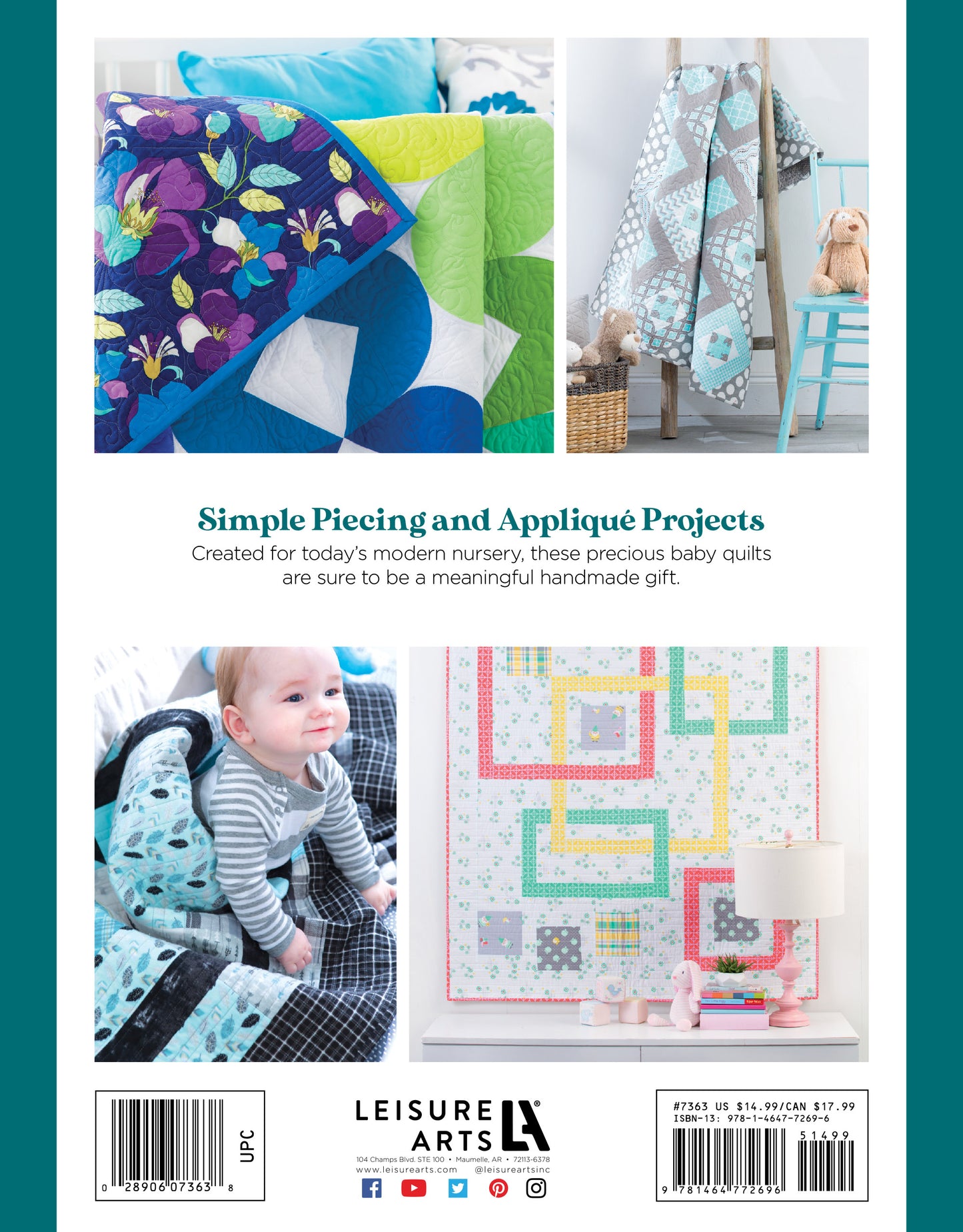 Back cover of "Baby Quilts—7 Modern Designs to Make Great Gifts Plus Bonus Online Projects" by Leisure Arts, featuring vibrant quilts in a modern nursery and a baby cozied up in a handmade quilt. Perfect step-by-step quilting guide.