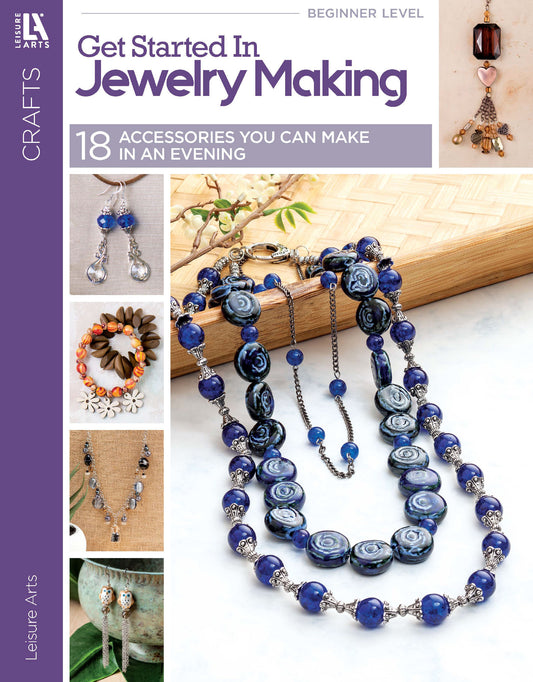 Cover of Leisure Arts' Get Started in Jewelry Making Digital Download, featuring blue beaded necklaces and earrings, plus photos of handcrafted jewelry—ideal for evening craft sessions and creating fun beaded accessories.