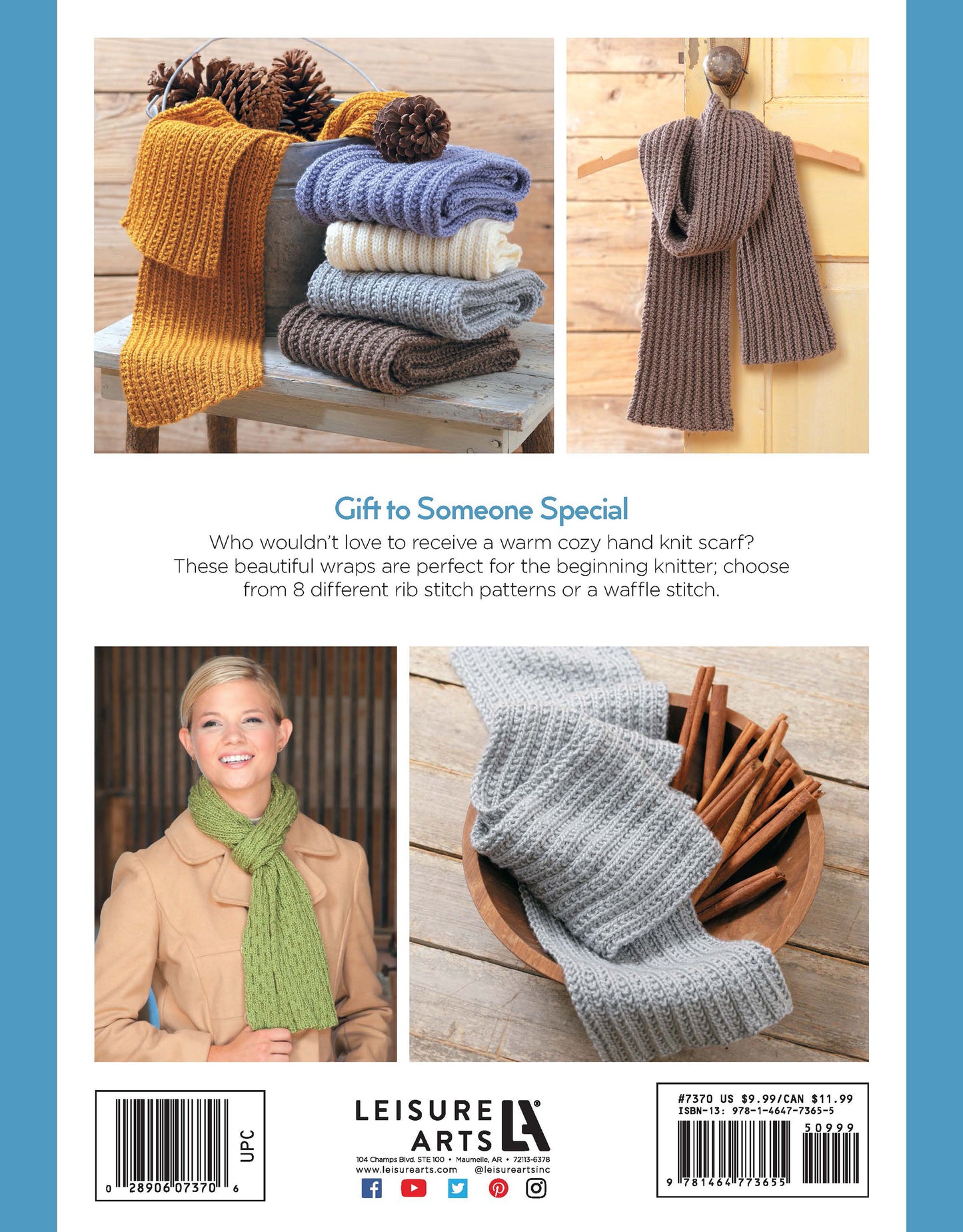 A display of Leisure Arts Cozy Scarves Knitting features scarves in various colors and patterns on a chair and table, with smaller images showing a woman in a green scarf and gray beginner scarves by a mug and glasses.