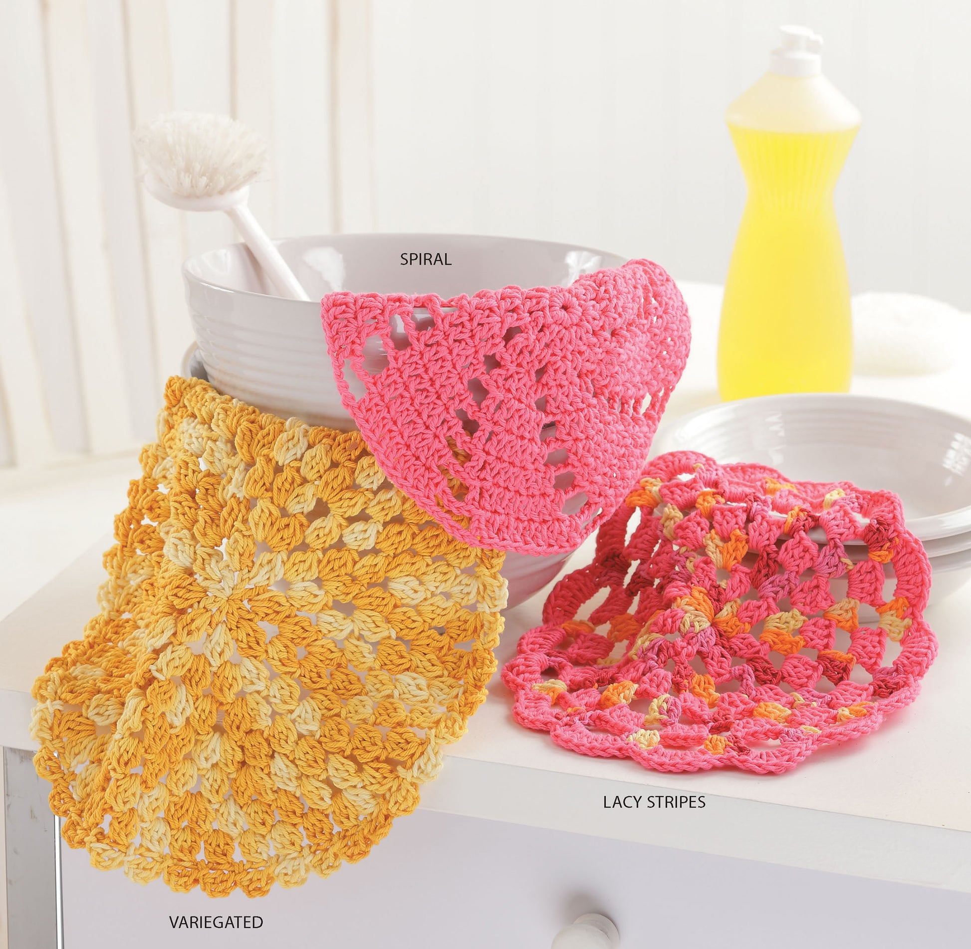Leisure Arts’ Quick & Colorful Dishcloths Designs to Brighten Any Kitchen Digital Download features vibrant spiral, lacy stripe, and variegated patterns—perfect beginner crochet projects for handmade gifts.