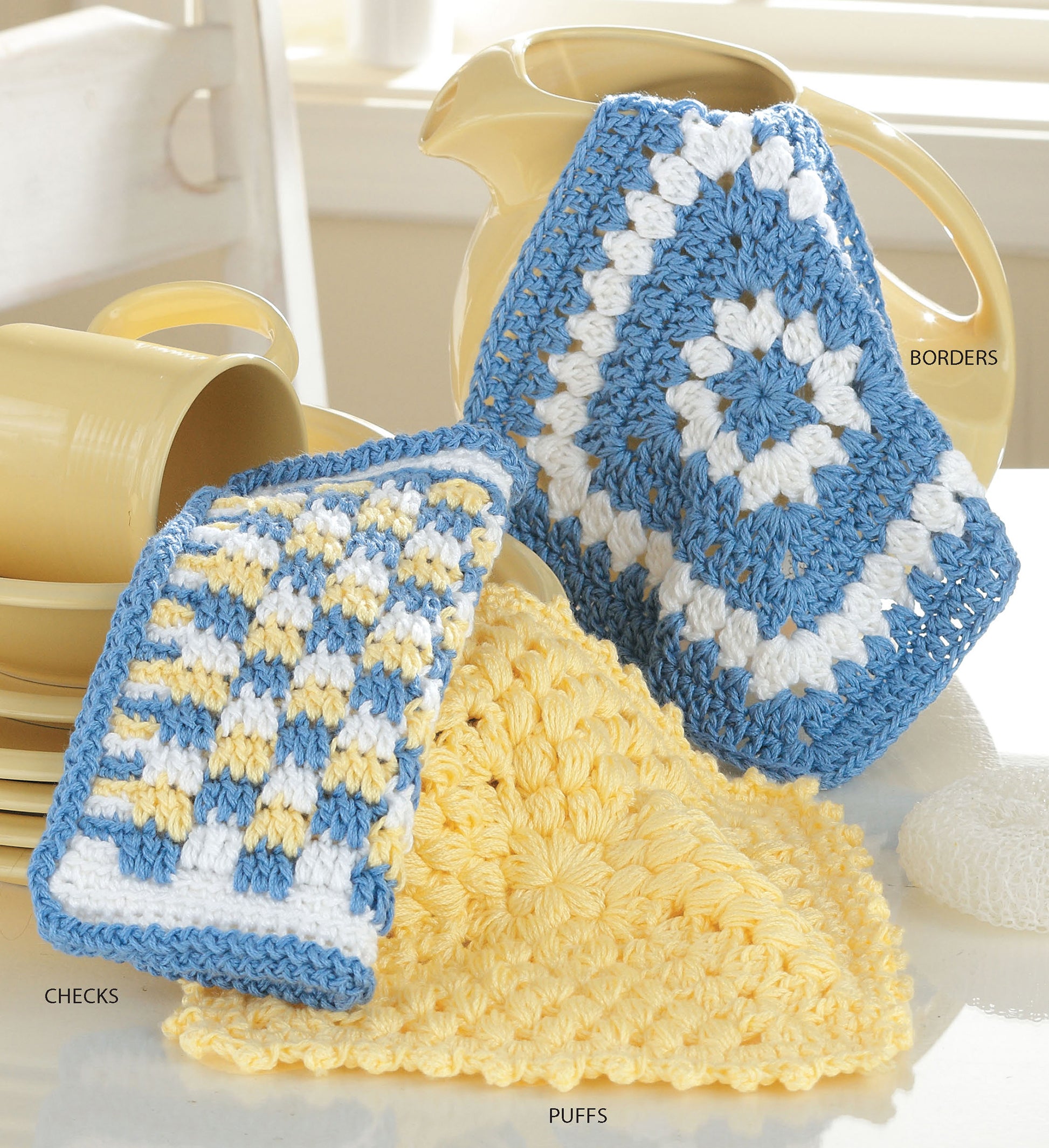Quick & Colorful Dishcloths Designs to Brighten Any Kitchen Digital Download by Leisure Arts features beginner crochet patterns in blue, white, and yellow—perfect for quick handmade gifts for any occasion.