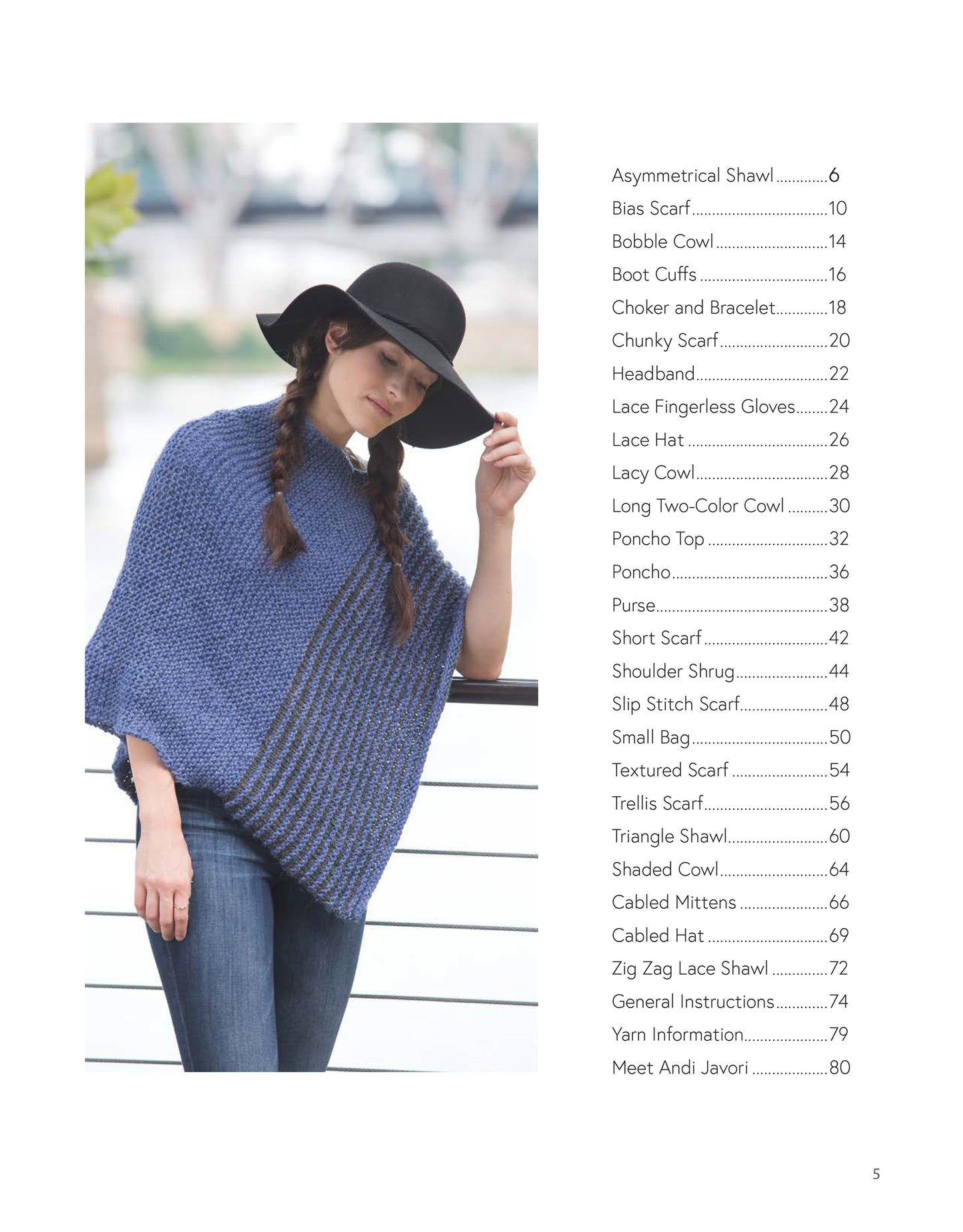 A woman in a wide-brimmed black hat and a loose-knit blue poncho stands outdoors by a railing. Next to her, the Casual Weekend Knits table of contents from Leisure Arts lists beginner and wearable knitting patterns with page numbers.