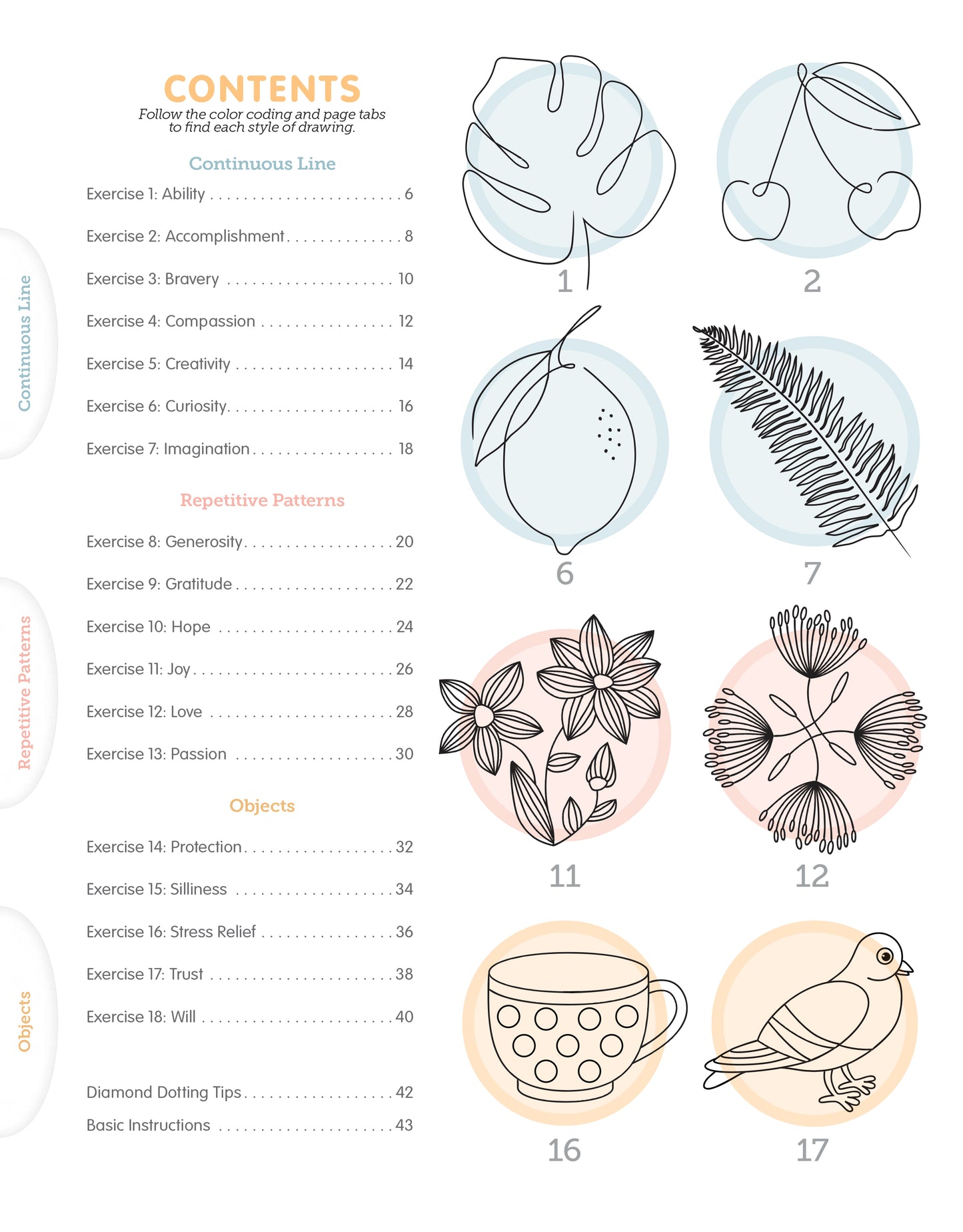 The Just Relax Draw & Dot Digital Download by Leisure Arts features a table of contents with line drawings—leaves, cherries, lemon, ferns, flowers, teacup, bird—plus easy quilting and diamond dotting ideas in Continuous Line, Repetitive Patterns & Objects sections.