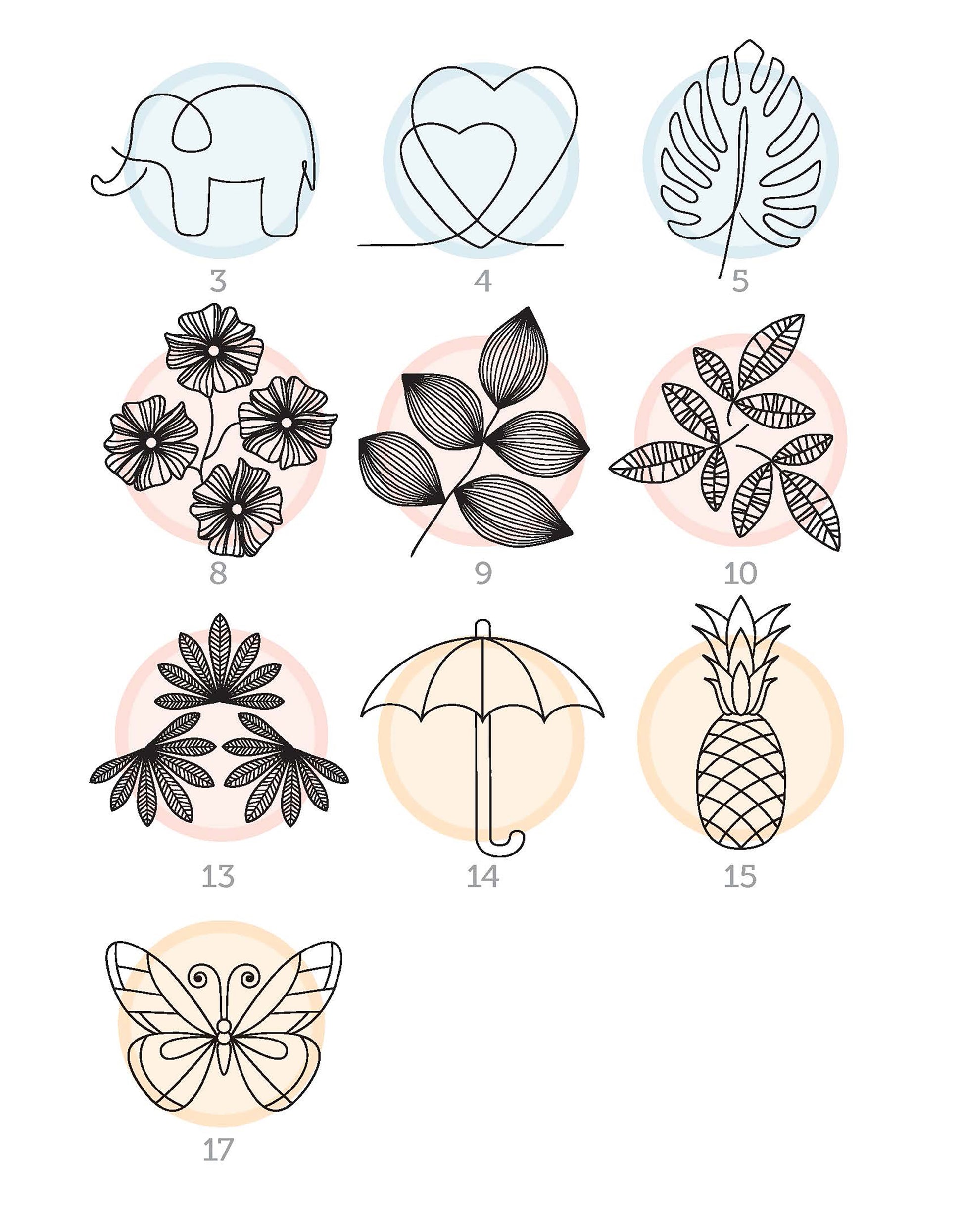 The Just Relax Draw & Dot Digital Download by Leisure Arts features minimalist black line art—elephant, hearts, leaves, flowers—on colored circles. Great for diamond dotting inspiration or simple quilting projects for beginners.