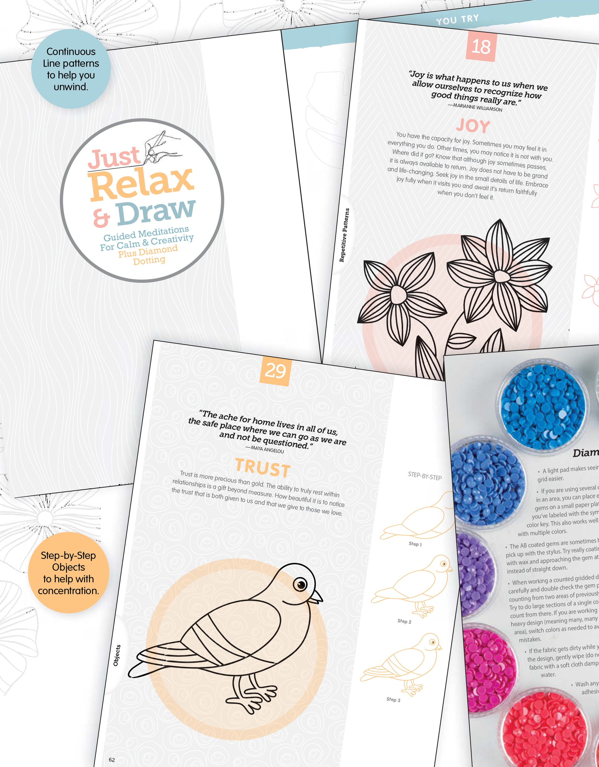 A collage of pages from the Leisure Arts Just Relax Draw & Dot Digital Download, featuring calming text, line art flowers and birds, step-by-step drawing guides, and diamond art bead ideas—all in soft pastel colors for a soothing effect.