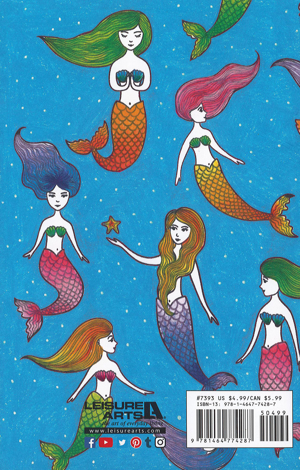 Illustration of six vibrant mermaids with flowing hair and unique tails swim in a starry blue sea. One holds a starfish. Showcases 32 designs from Leisure Arts’ Color on the Go Mermaid at Heart Coloring Book. Barcode and social icons below.