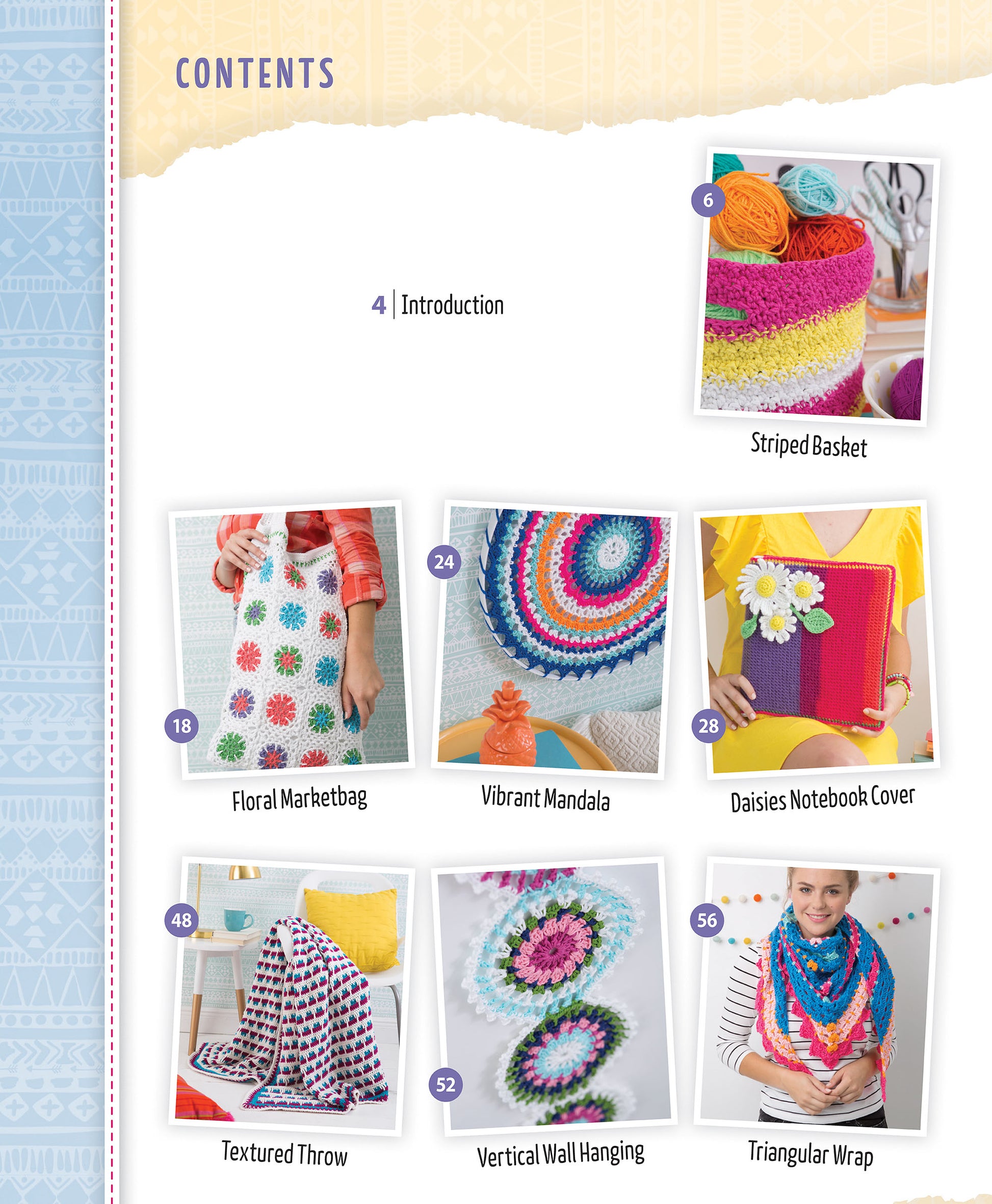 The contents page of Happy Crochet—13 Fun Projects That Are Sure to Brighten Your Day by Leisure Arts features projects like a striped basket, market bag, mandala, notebook cover, throw, wall hanging, and wrap—great for crochet beginners.
