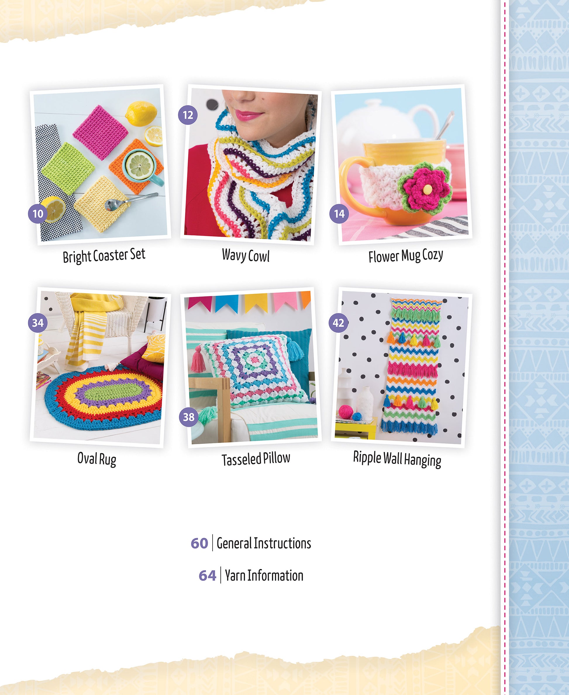 A collage from Leisure Arts’ "Happy Crochet—13 Fun Projects That Are Sure to Brighten Your Day" shows colorful beginner projects with decor and page numbers, including a coaster set, cowl, mug cozy, rug, pillow, and wall hanging.