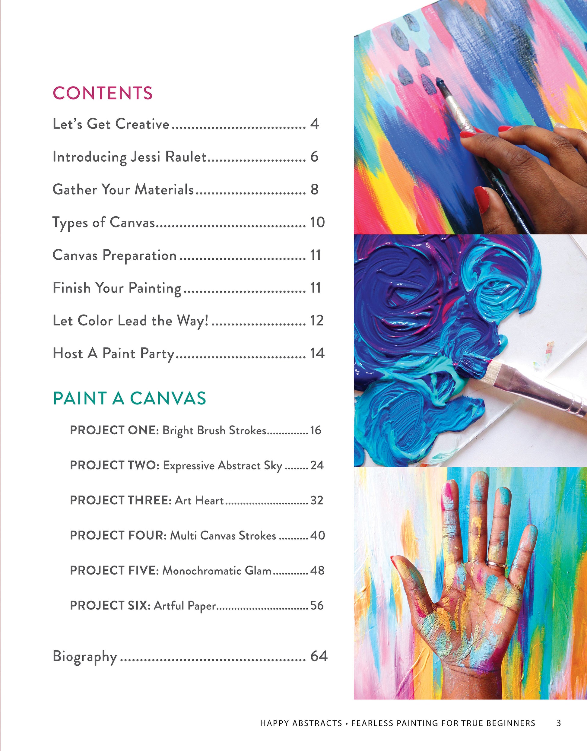 The contents page for *Happy Abstracts—Fearless Painting for True Beginners* by Leisure Arts features colorful painted hands and abstract strokes on the right, with chapter and project titles under Contents and Paint a Canvas headings on the left.