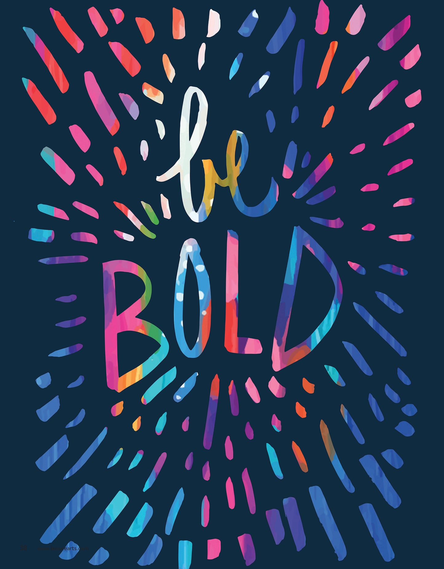Colorful, handwritten “be BOLD” text shines on a dark blue background with bright brushstroke lines—a vibrant canvas art piece from Happy Abstracts—Fearless Painting for True Beginners by Leisure Arts.