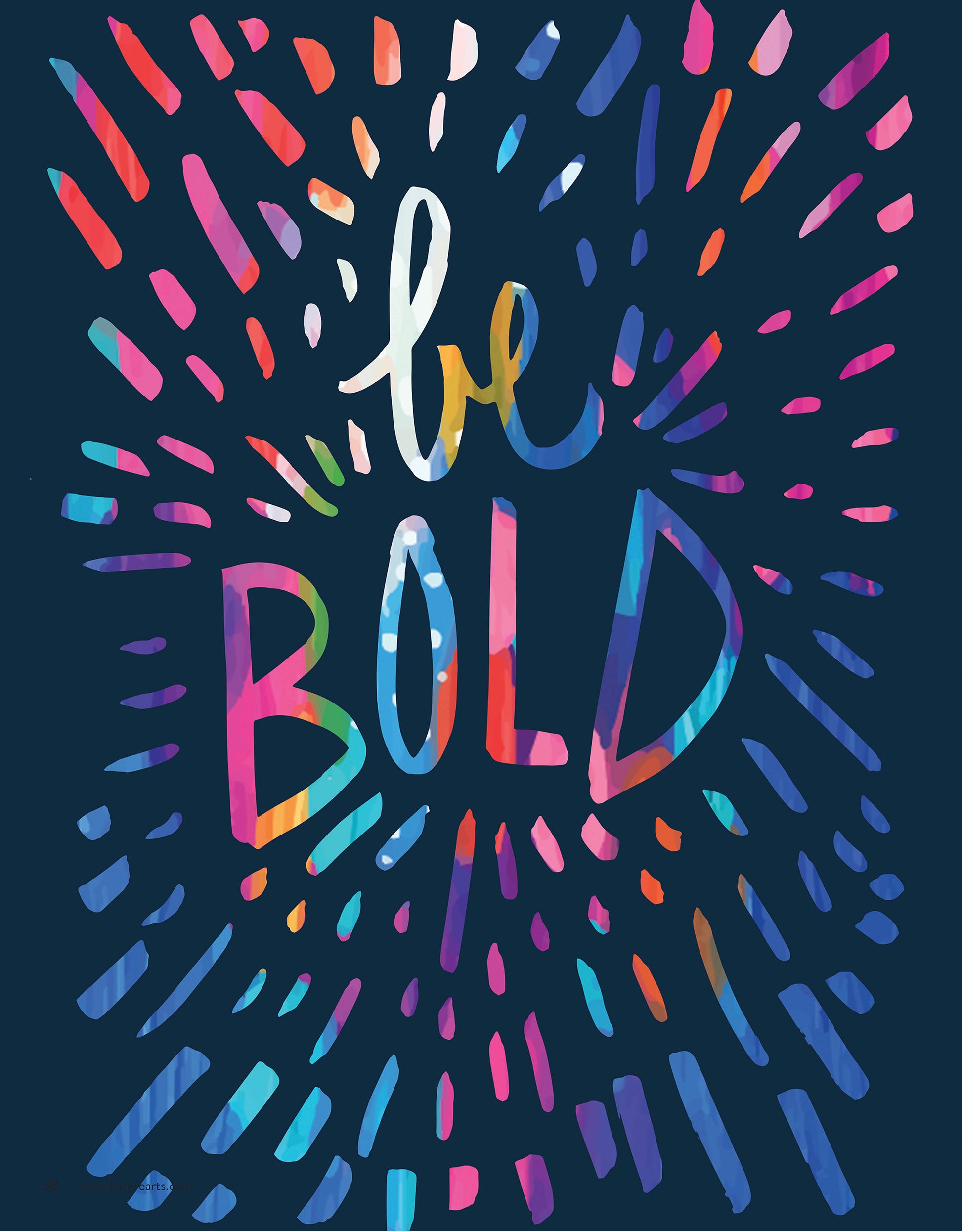 Colorful, handwritten “be BOLD” text shines on a dark blue background with bright brushstroke lines—a vibrant canvas art piece from Happy Abstracts—Fearless Painting for True Beginners by Leisure Arts.