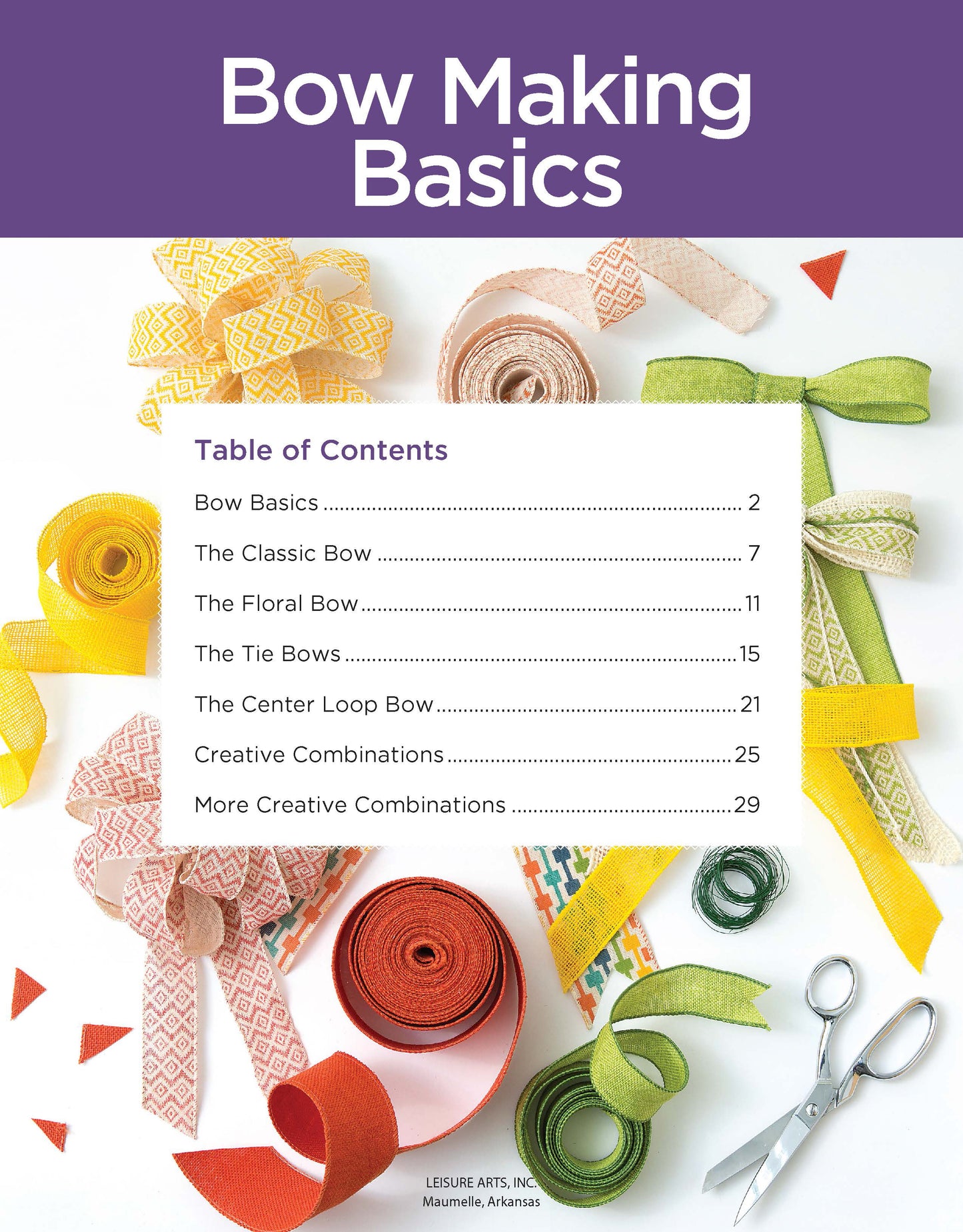 A colorful top-down photo of yellow, pink, red, and green patterned ribbons and bows surrounds the Leisure Arts Bow Making Basics Digital Download cover, featuring ribbon bow instructions and creative ideas for beginner designs.