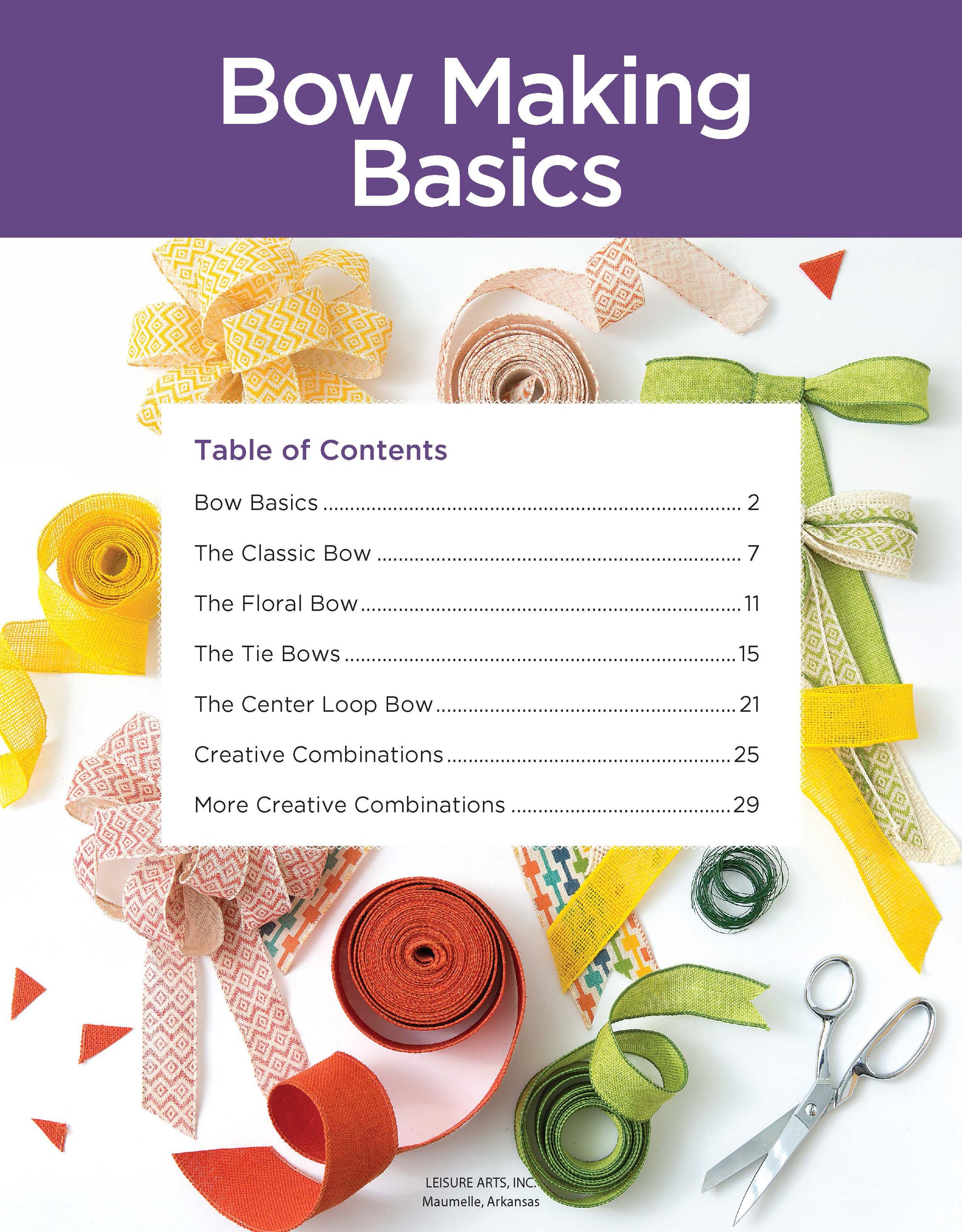 A colorful top-down photo of yellow, pink, red, and green patterned ribbons and bows surrounds the Leisure Arts Bow Making Basics Digital Download cover, featuring ribbon bow instructions and creative ideas for beginner designs.