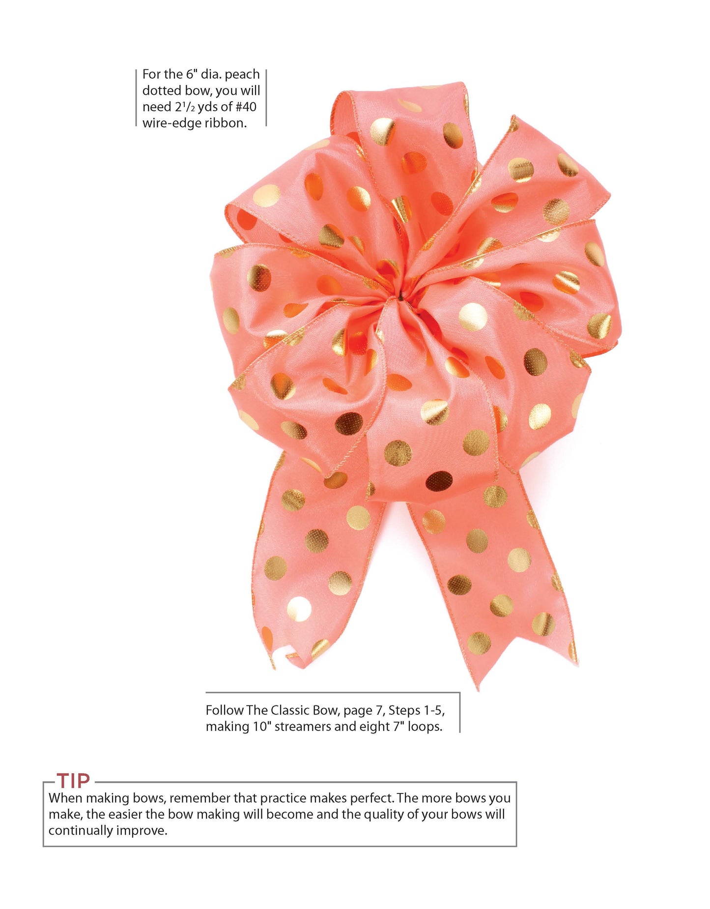 The Bow Making Basics Digital Download by Leisure Arts features a large peach bow with gold polka dots and wire edges, shown with instructional text and beginner tips to guide your bow making process.