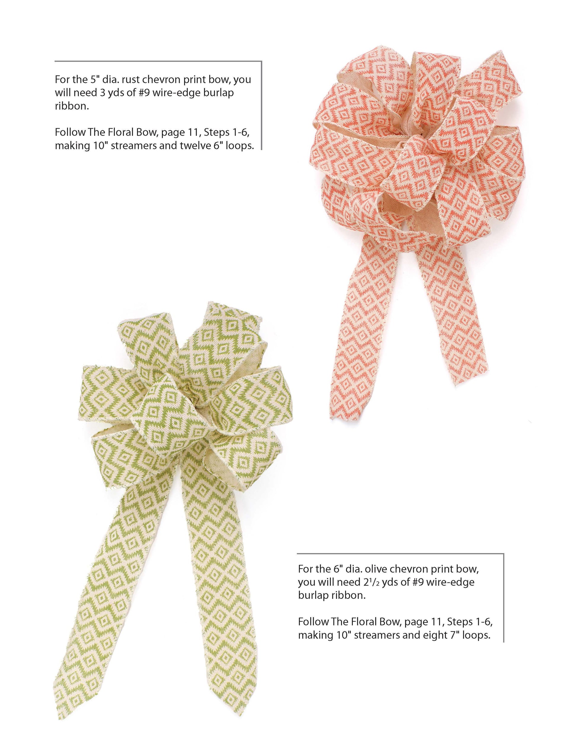 The Bow Making Basics Digital Download from Leisure Arts features easy instructions for creating burlap ribbon bows, like a pink chevron bow with short tails and a green chevron bow with long streamers—great for beginners.