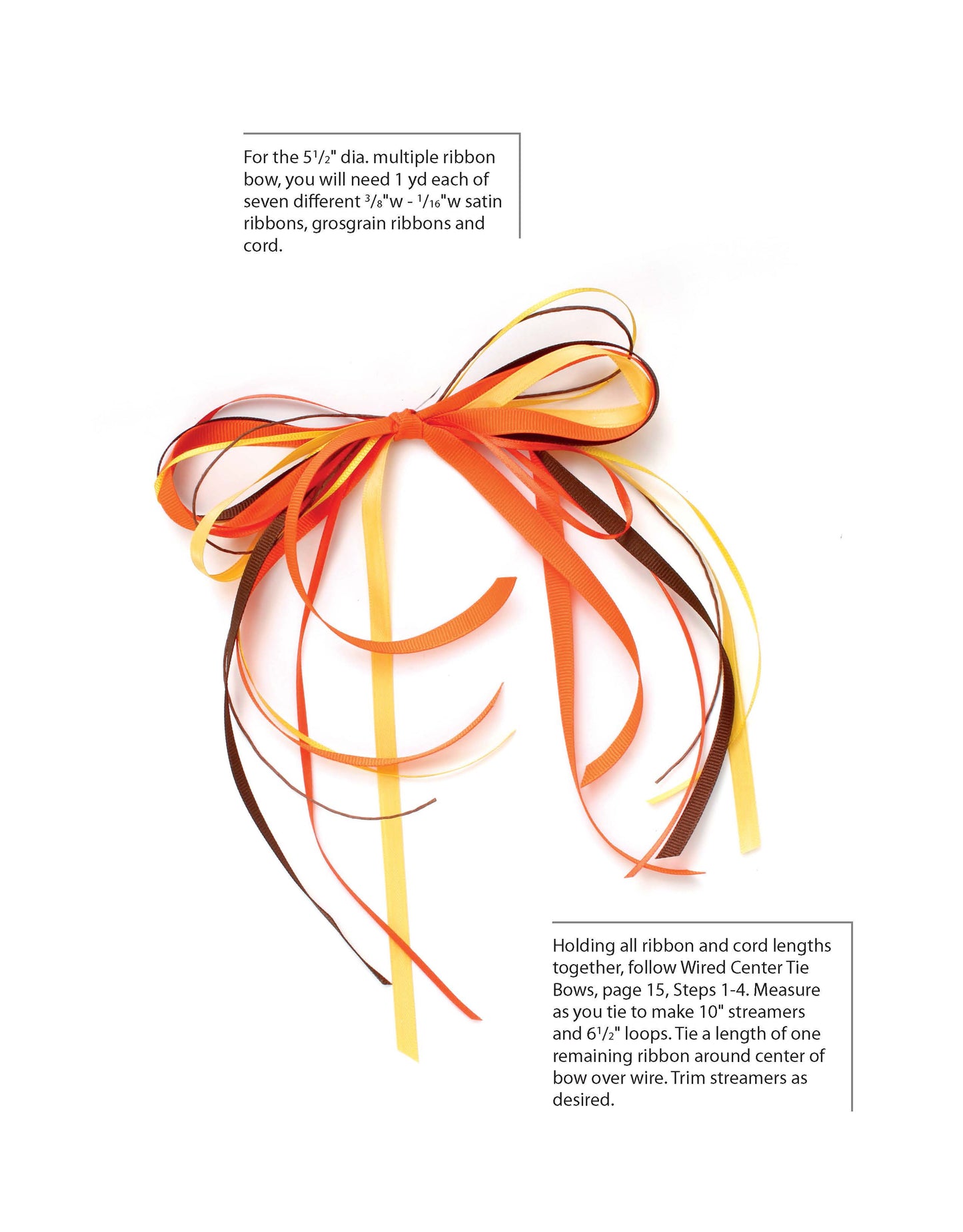 The Bow Making Basics Digital Download by Leisure Arts shows how to create a decorative bow with orange, yellow, red, and brown ribbons, featuring beginner-friendly instructions for assembling bows and trimming streamers.