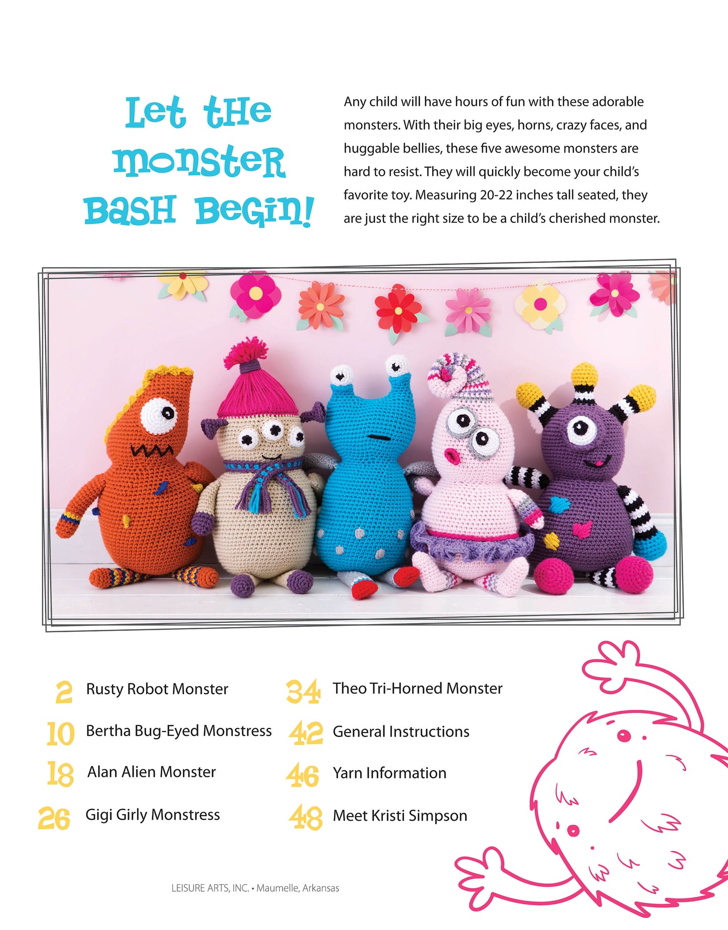 Four colorful Huggable Monsters from Leisure Arts, with big eyes and playful faces, sit in a row beneath pink and orange paper flowers. Ideal for beginner crochet fans seeking fun monster patterns. Text and a cartoon hand appear below.