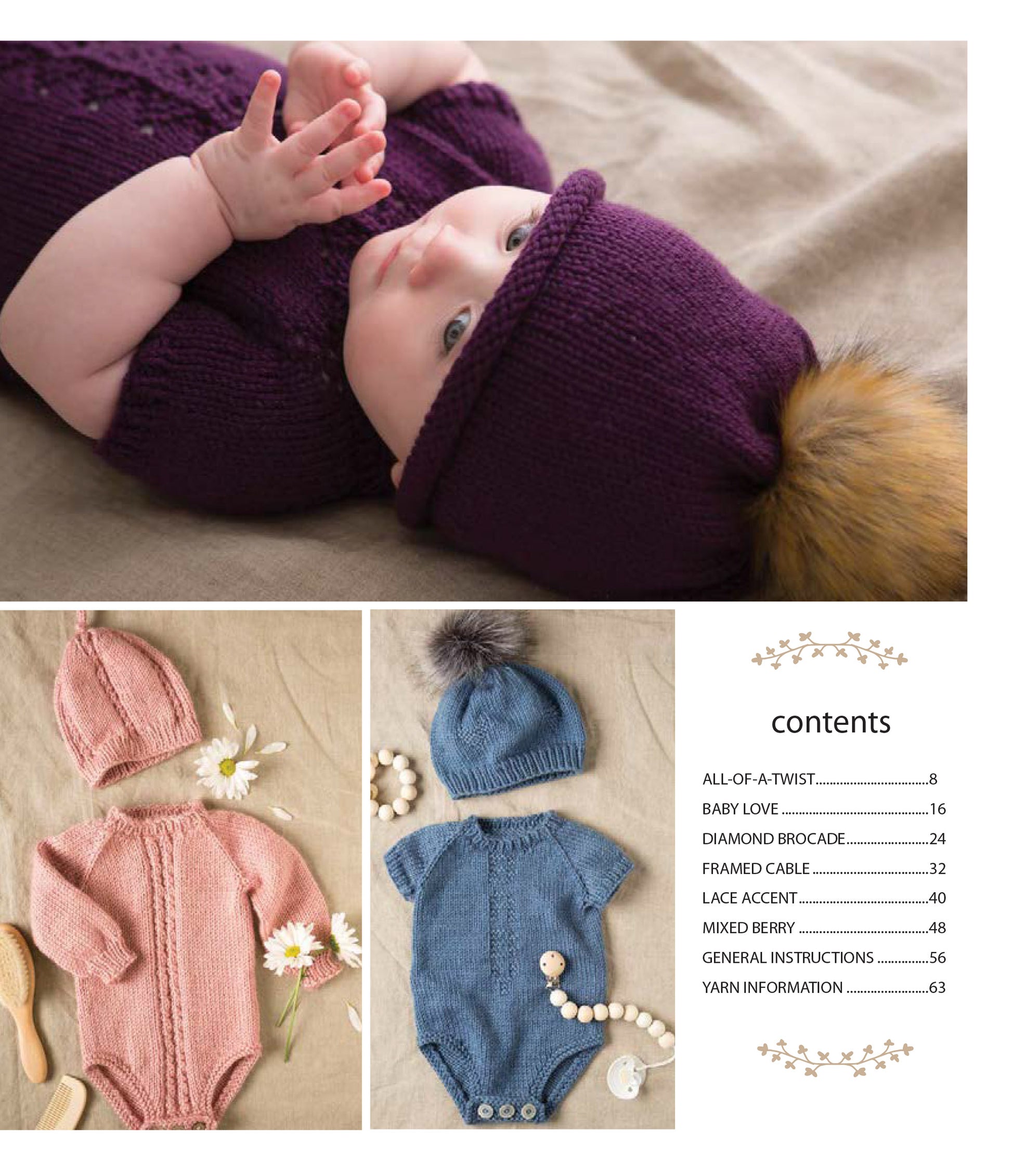 A baby wears a purple knit romper and pom-pom hat on a blanket. Shown are seamless knits—a pink set with bonnet and a blue onesie with hat—made using Modern Baby Knitting by Leisure Arts.