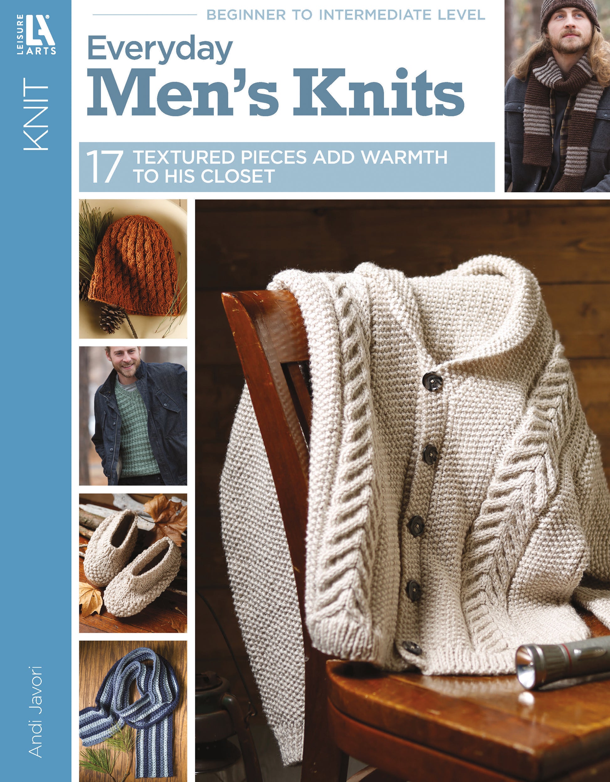 Cover of "Everyday Men's Knits" by Leisure Arts, showcasing easy men's knitting projects like a textured sweater on a chair, scarf, slippers, hat, and photos of men modeling knit hats, scarves, and sweaters.
