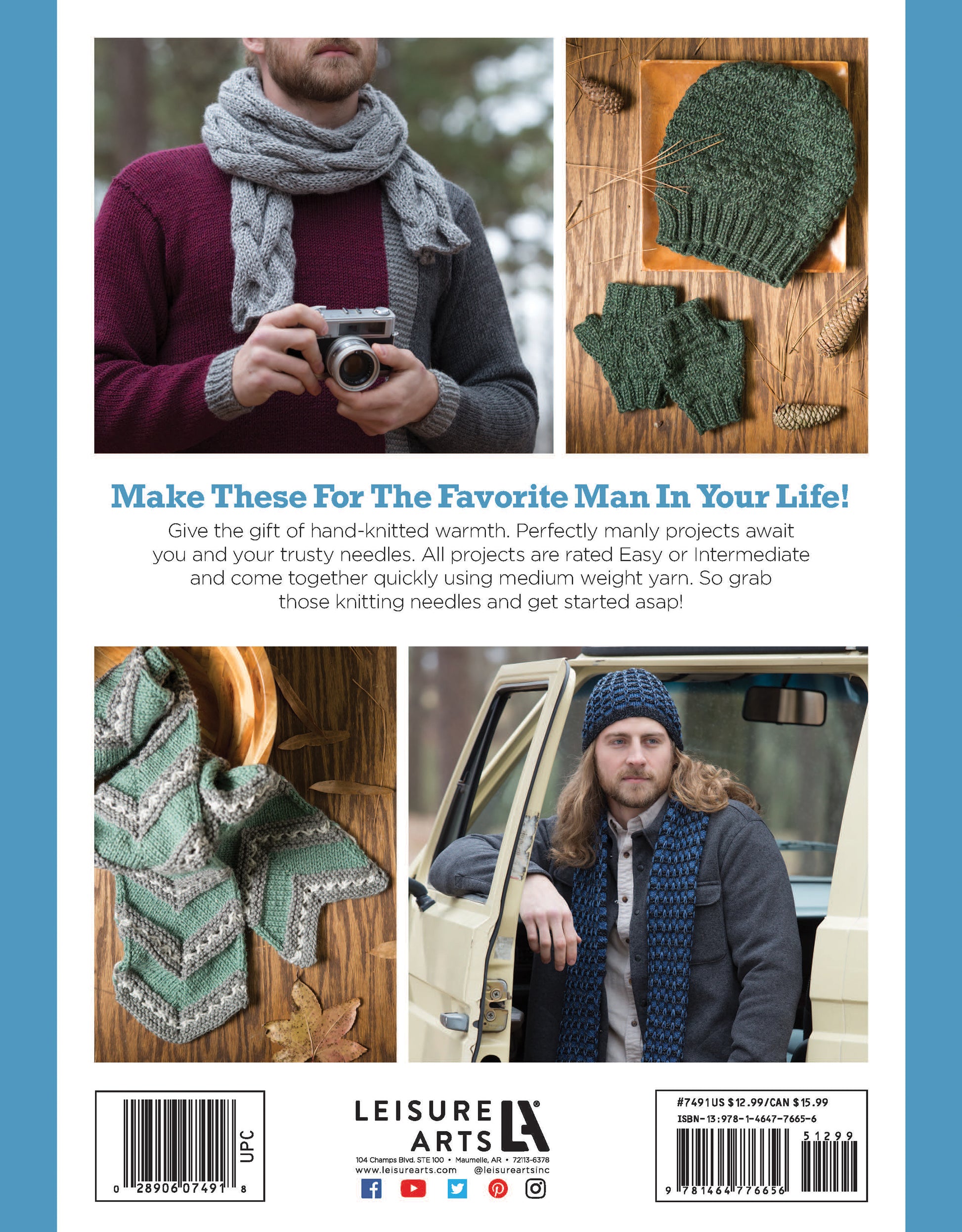 The cover of "Everyday Men's Knits" by Leisure Arts features men modeling hand-knit hats, scarves, and fingerless gloves in green and gray yarns, with accessory close-ups on a white background—great easy knit projects for men.