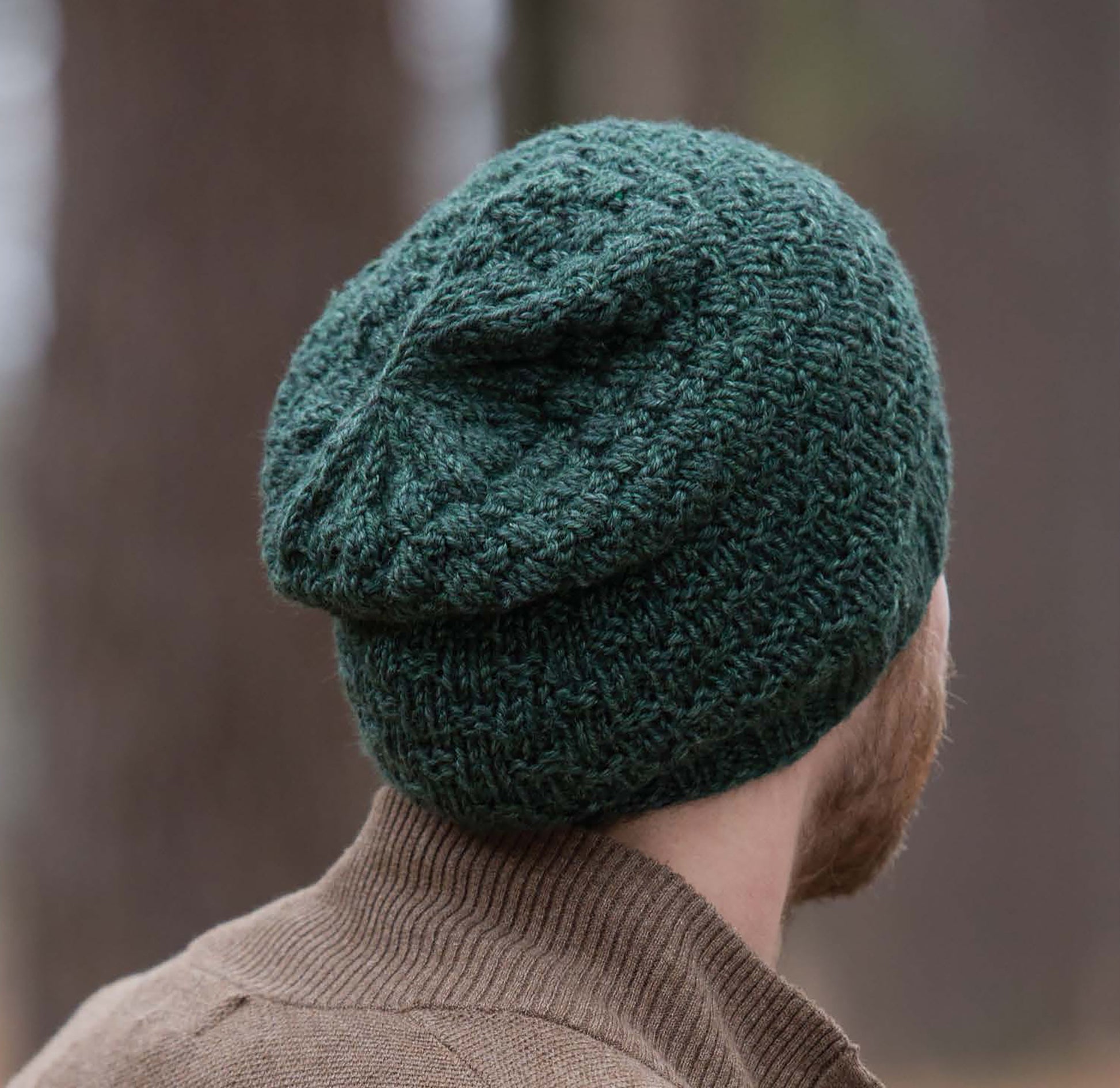 A man with a light brown beard, wearing a green beanie and brown sweater from Leisure Arts' Everyday Men's Knits, stands outdoors with his back to the camera against a blurred backdrop of trees.