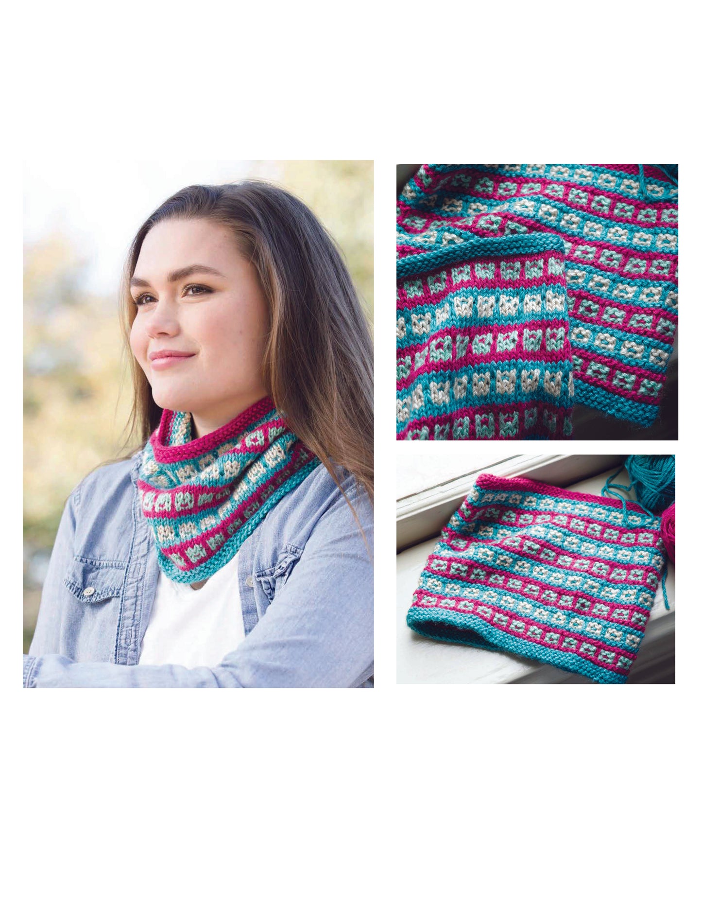 A woman wears a colorful crocheted cowl made with The Beginner's Guide to Mosaic Knitting by Leisure Arts. Close-ups show the geometric, one-color-per-row mosaic stitch in teal, magenta, and white as she smiles outdoors.