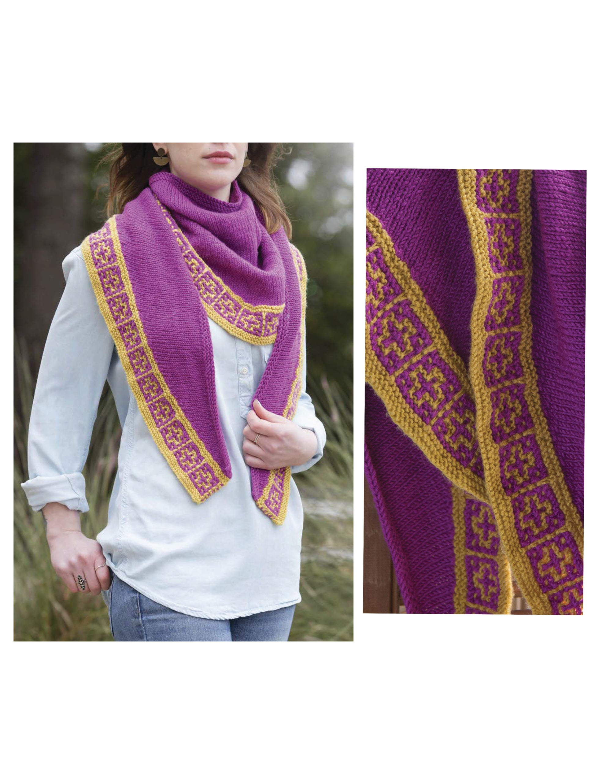 A person wears a purple knit shawl featuring gold and pink geometric borders over a light blue shirt; a close-up shows mosaic knitting from The Beginner's Guide to Mosaic Knitting by Leisure Arts, using one color per row for easy beginner patterns.