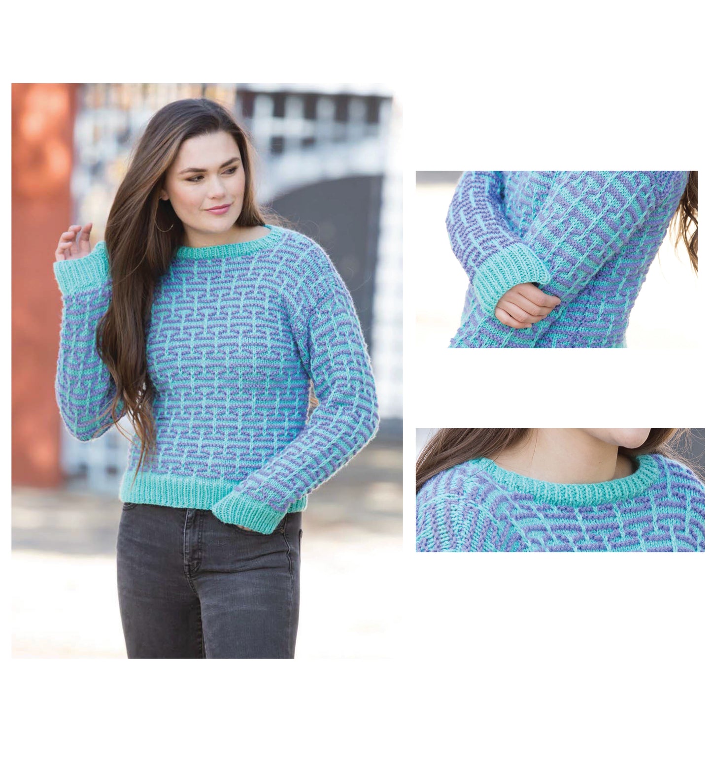 A woman models a blue and purple textured sweater with mint green accents. Close-ups show the mosaic knitting details, as featured in Leisure Arts' "The Beginner's Guide to Mosaic Knitting"—ideal for beginner patterns.