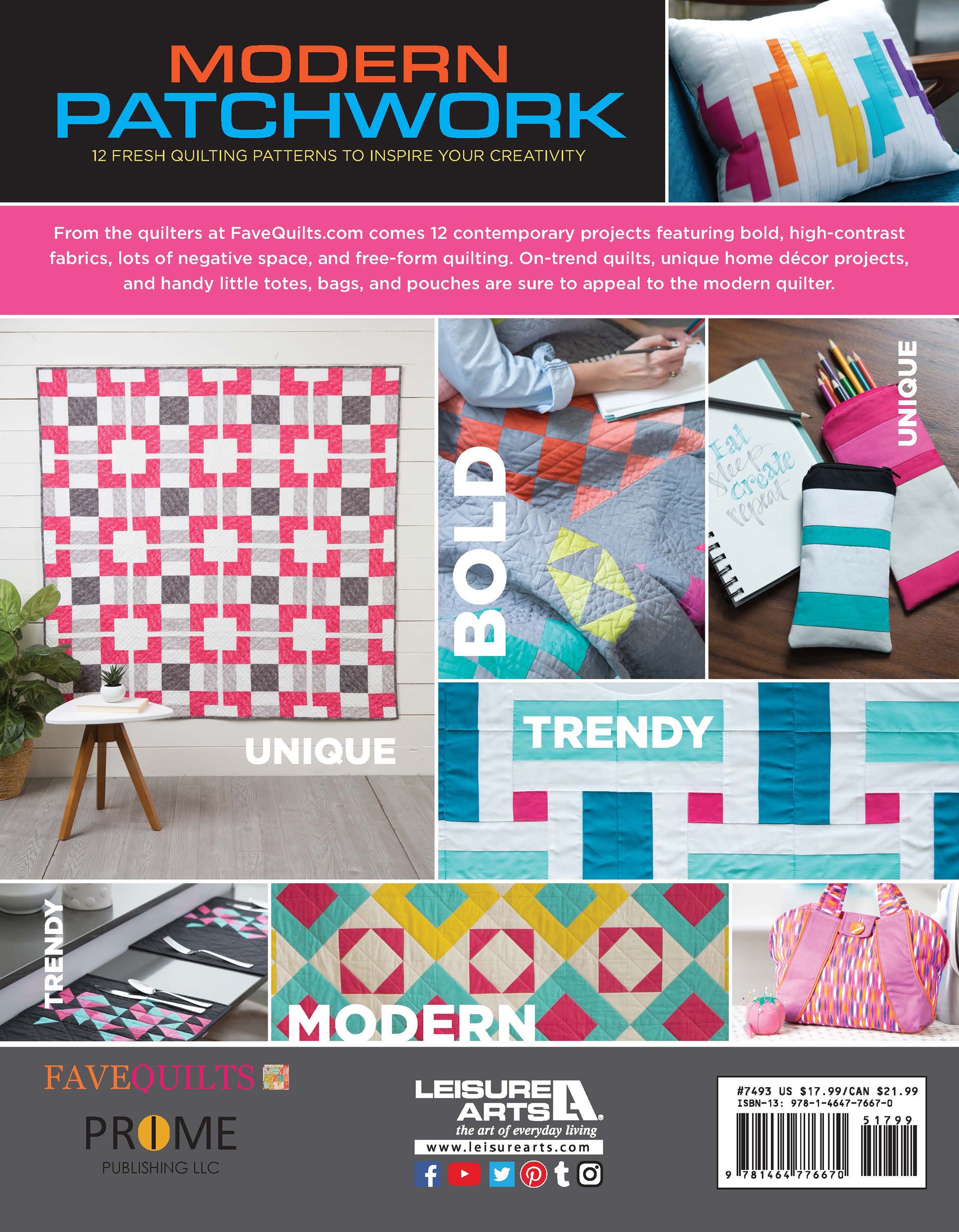 The back cover of the Modern Patchwork Digital Download by Leisure Arts showcases pink and white quilts, geometric pillows, pouches, and home decor. Bold text highlights: BOLD, UNIQUE, TRENDY, MODERN.
