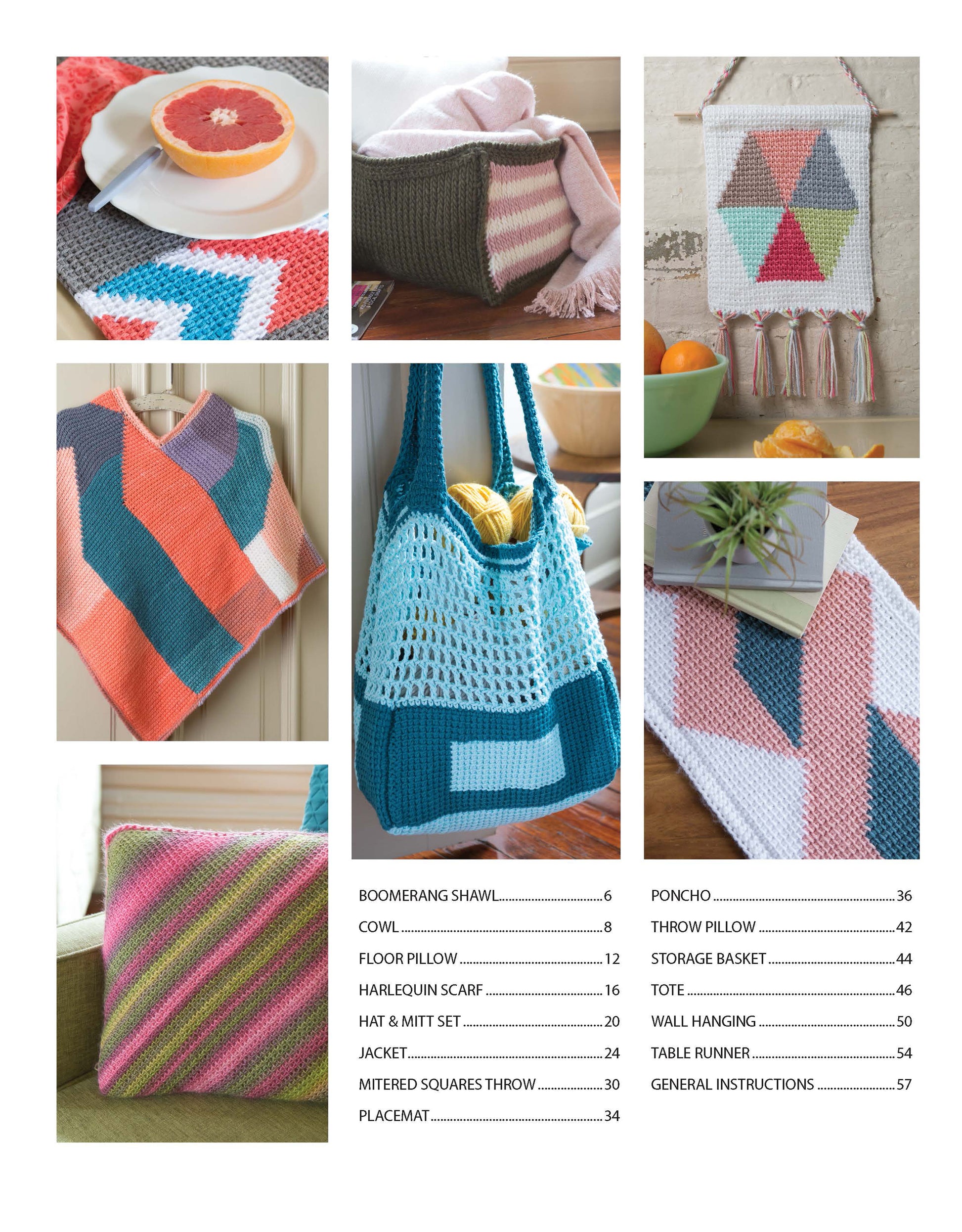 A vibrant display of modern Tunisian crochet projects from Leisure Arts' "Modern Tunisian Digital Download" features beginner-friendly shawls, bags, pillows, throws, and a striped scarf. A contents list with step-by-step instructions is also included.