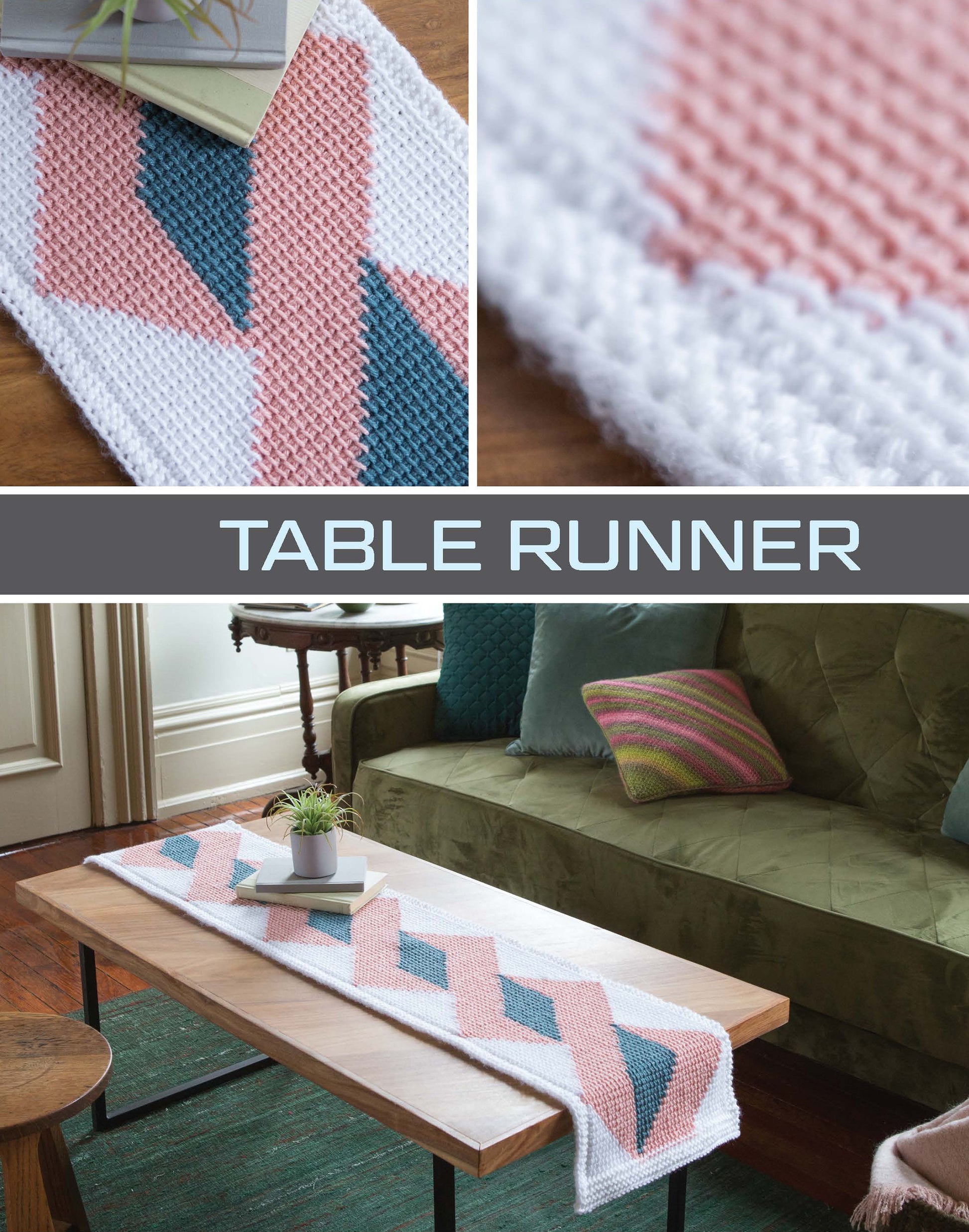 The Modern Tunisian Digital Download by Leisure Arts features a beginner-friendly geometric table runner with pink, white, and teal shapes. Shown on a wooden coffee table, close-ups reveal its knit texture and bold color pattern.