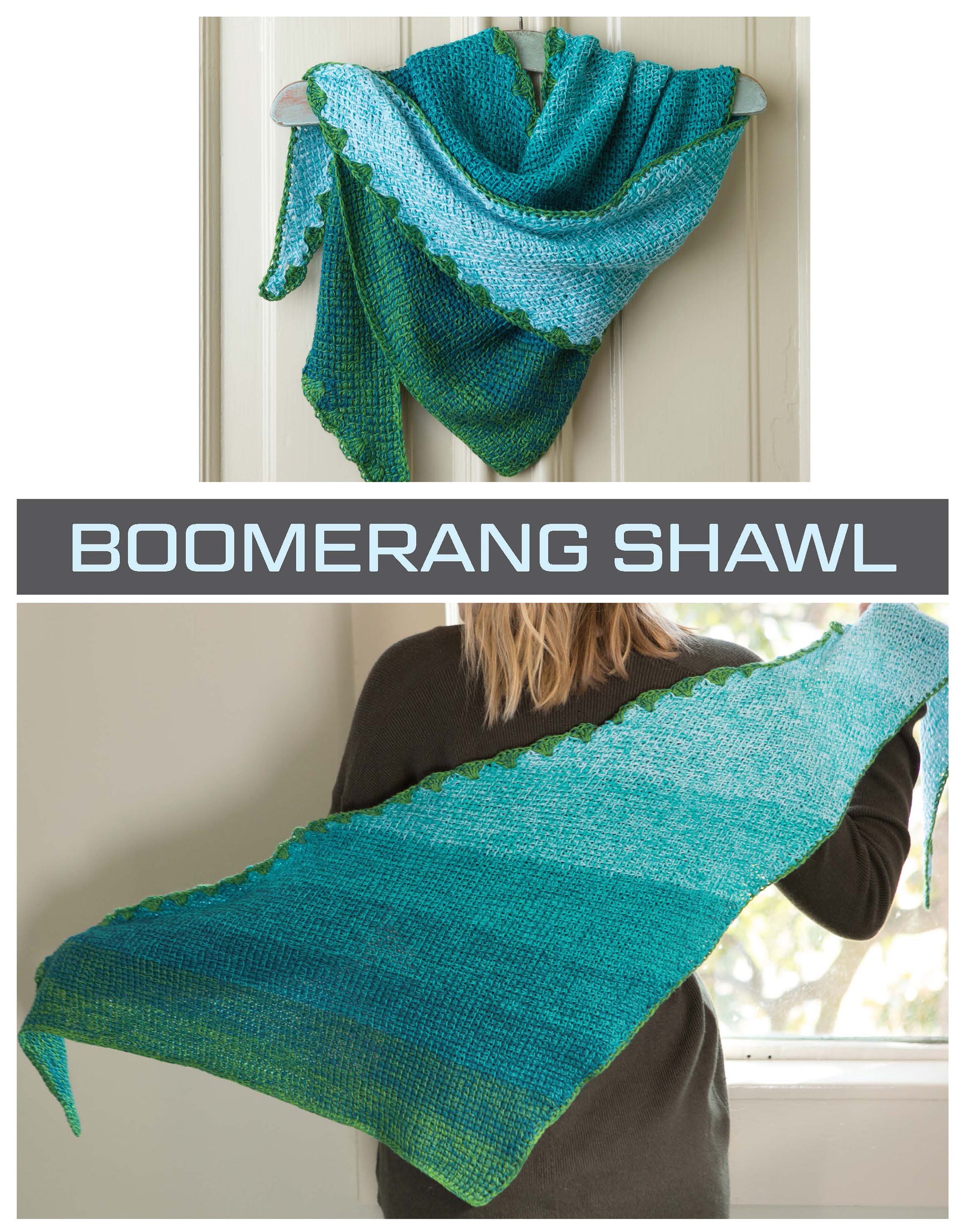 A beginner-level, blue and green boomerang-shaped shawl with a scalloped edge is shown on a hanger and draped over a shoulder; text reads Modern Tunisian Digital Download by Leisure Arts—includes step-by-step instructions.