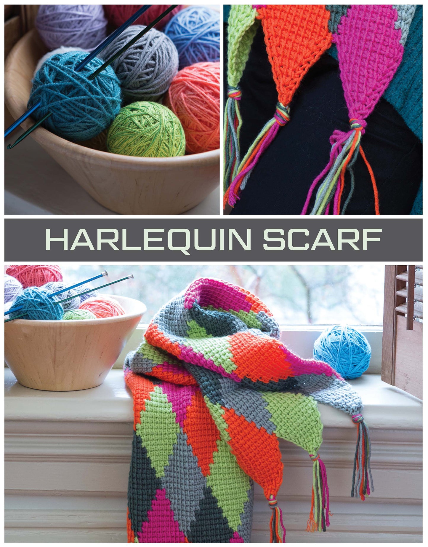 A collage with vibrant yarn balls, a close-up of a tasseled triangular scarf, and a finished harlequin-patterned scarf—great for beginners. Text: "Modern Tunisian Digital Download by Leisure Arts.