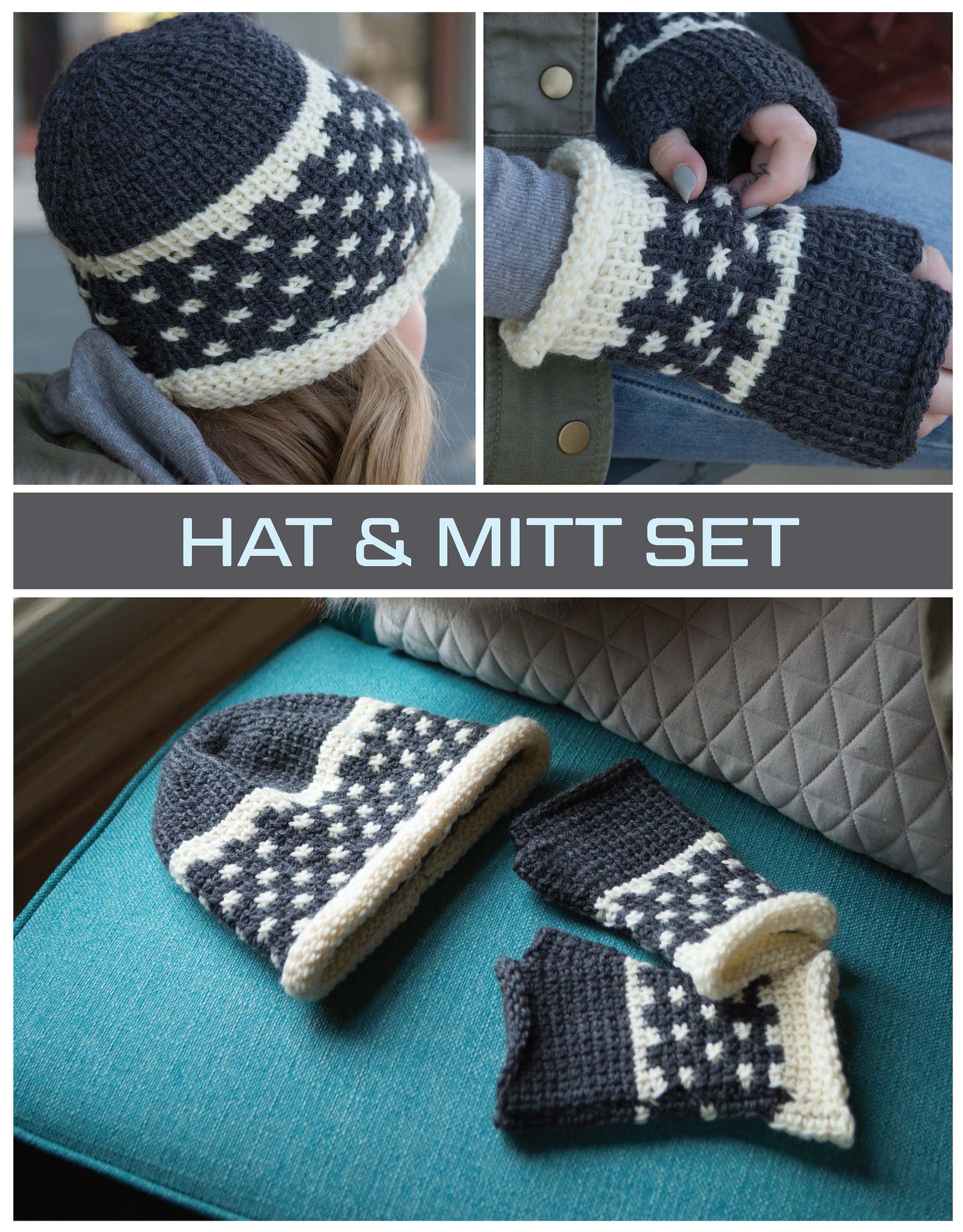 The Modern Tunisian Digital Download by Leisure Arts features a beginner-friendly hat and fingerless mitt set in dark gray and cream with a geometric diamond design. Shown outdoors and on a teal cushion. Text: HAT & MITT SET.